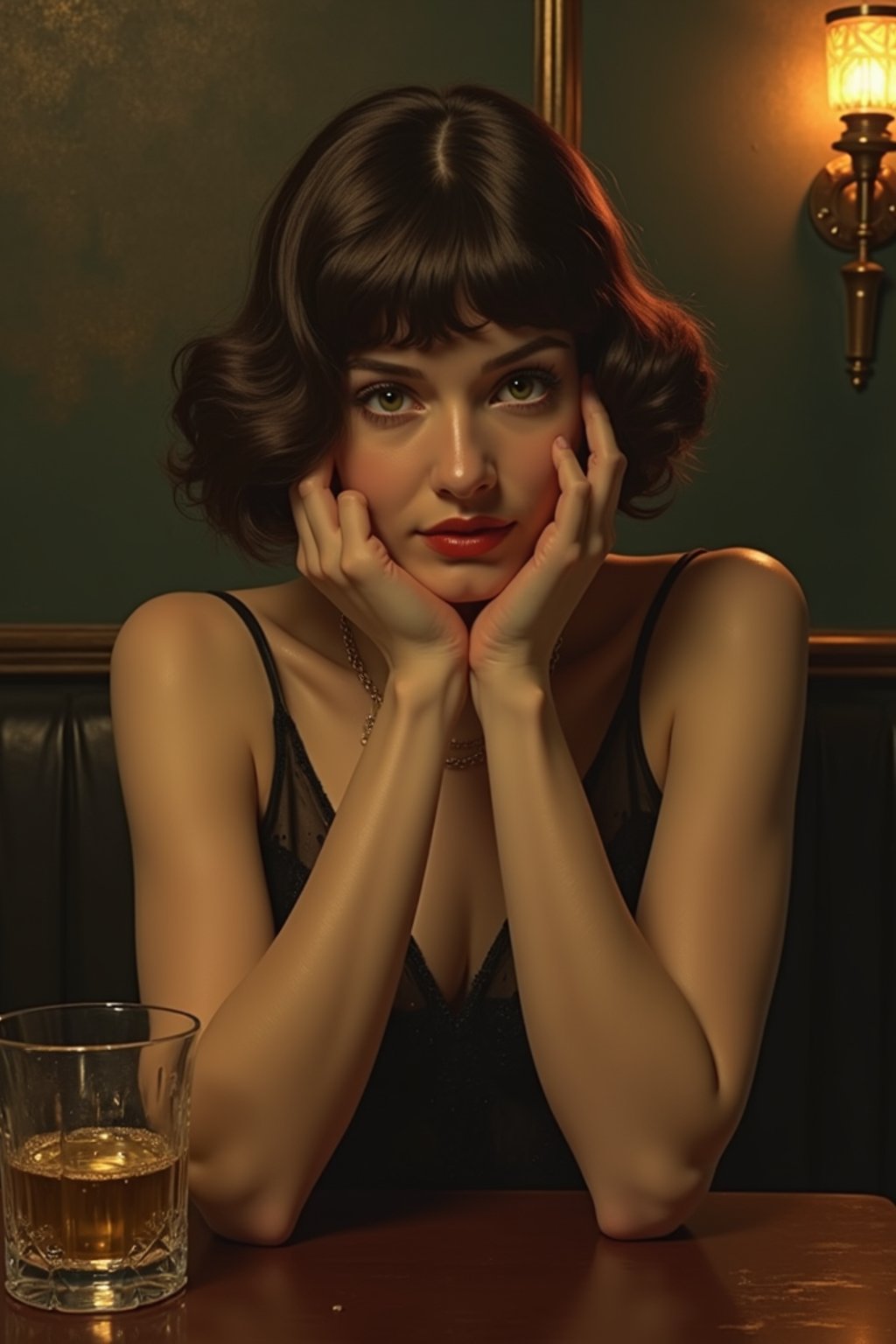 woman, dimly lit upscale 1920s speakeasy, relaxed pose, fantasy, art deco, detailed painterly digital art style by coles phillips and alfred charles parker, 🍸🍋