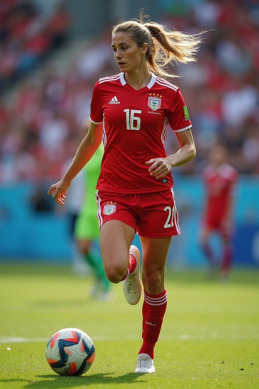 woman as Football Player in the FIFA World Cup playing in a Football Match