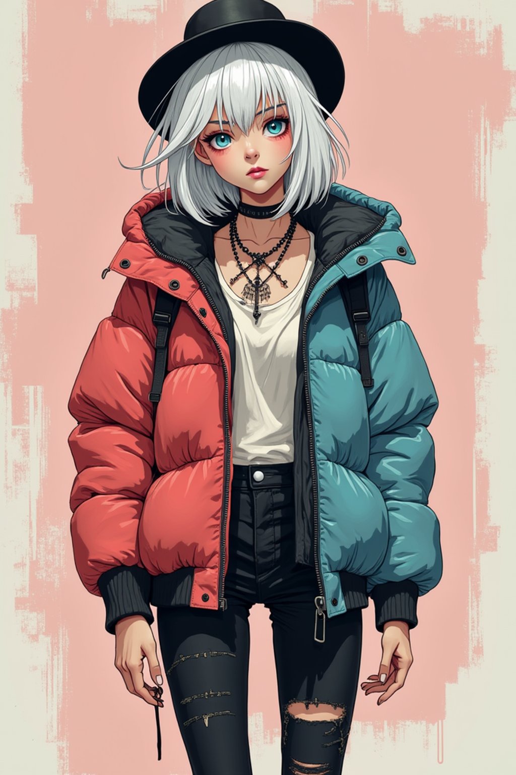 full body of a street punk woman student, blue eyes, bubble jacket, hat, white hair by atey ghailan, by greg rutkowski, by greg tocchini, by james gilleard, by joe fenton, by kaethe butcher, gradient pink, black, brown and light blue color scheme, grunge aesthetic