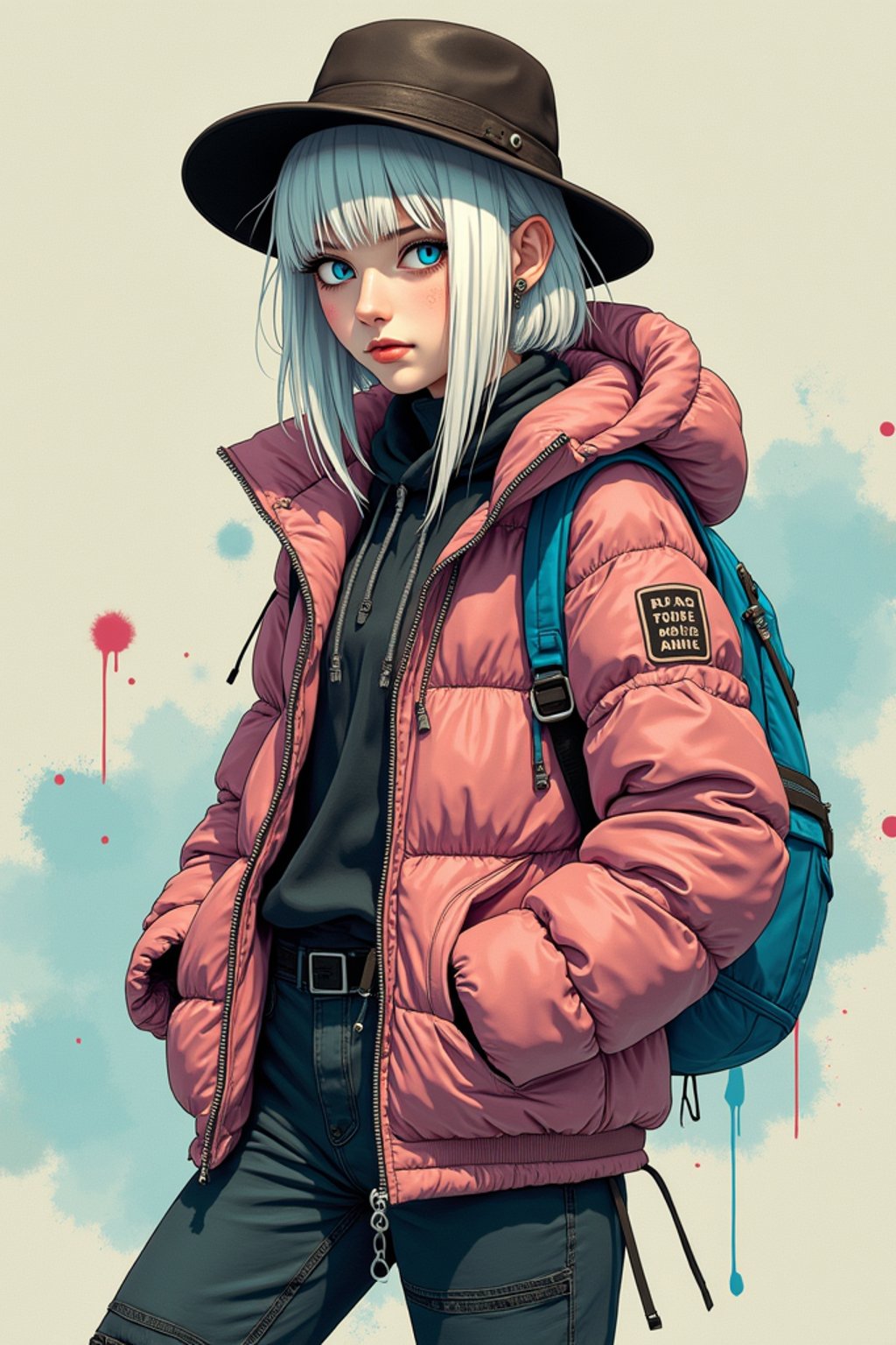 full body of a street punk woman student, blue eyes, bubble jacket, hat, white hair by atey ghailan, by greg rutkowski, by greg tocchini, by james gilleard, by joe fenton, by kaethe butcher, gradient pink, black, brown and light blue color scheme, grunge aesthetic