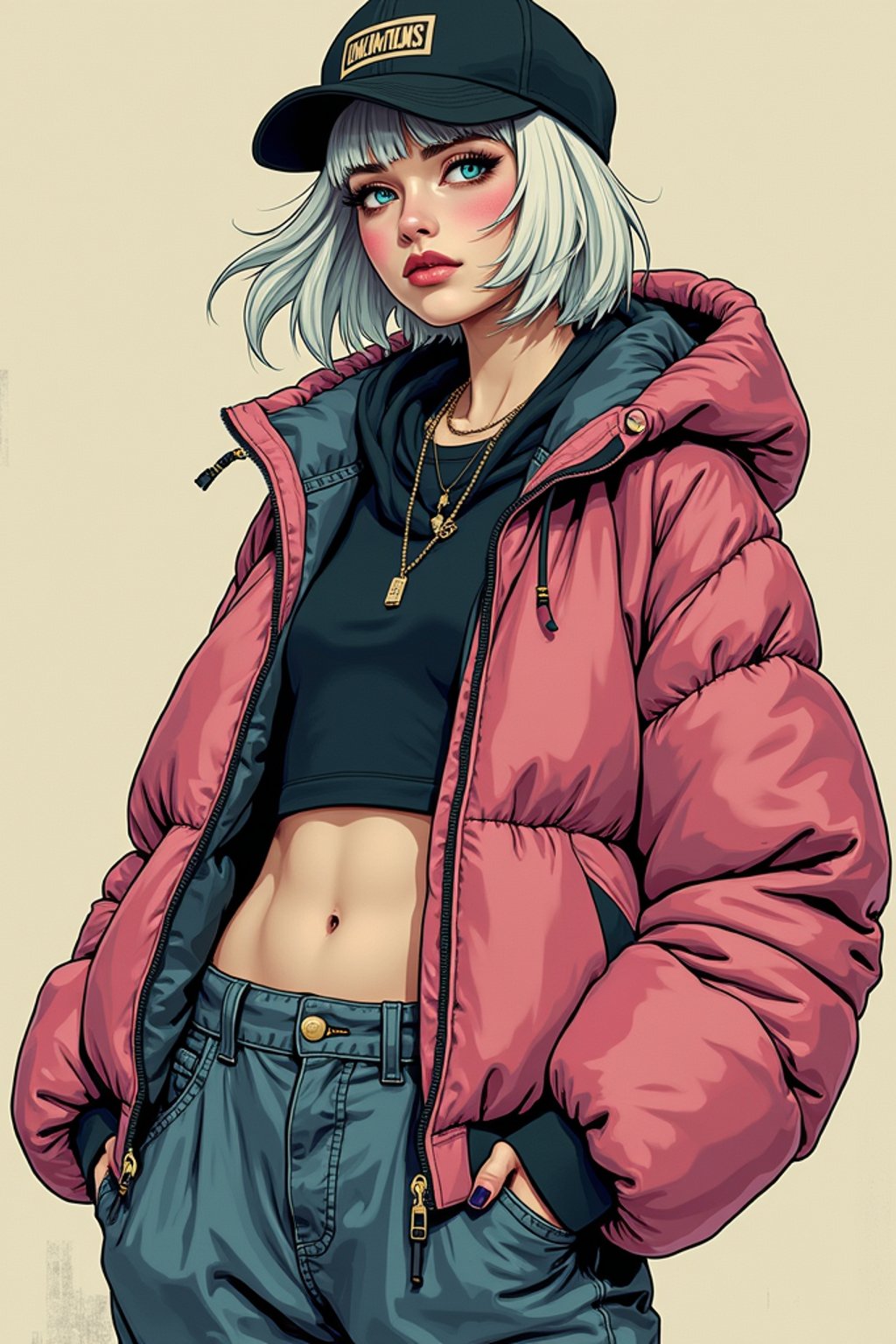 full body of a street punk woman student, blue eyes, bubble jacket, hat, white hair by atey ghailan, by greg rutkowski, by greg tocchini, by james gilleard, by joe fenton, by kaethe butcher, gradient pink, black, brown and light blue color scheme, grunge aesthetic