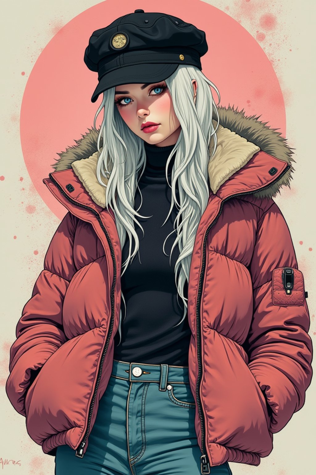 full body of a street punk woman student, blue eyes, bubble jacket, hat, white hair by atey ghailan, by greg rutkowski, by greg tocchini, by james gilleard, by joe fenton, by kaethe butcher, gradient pink, black, brown and light blue color scheme, grunge aesthetic