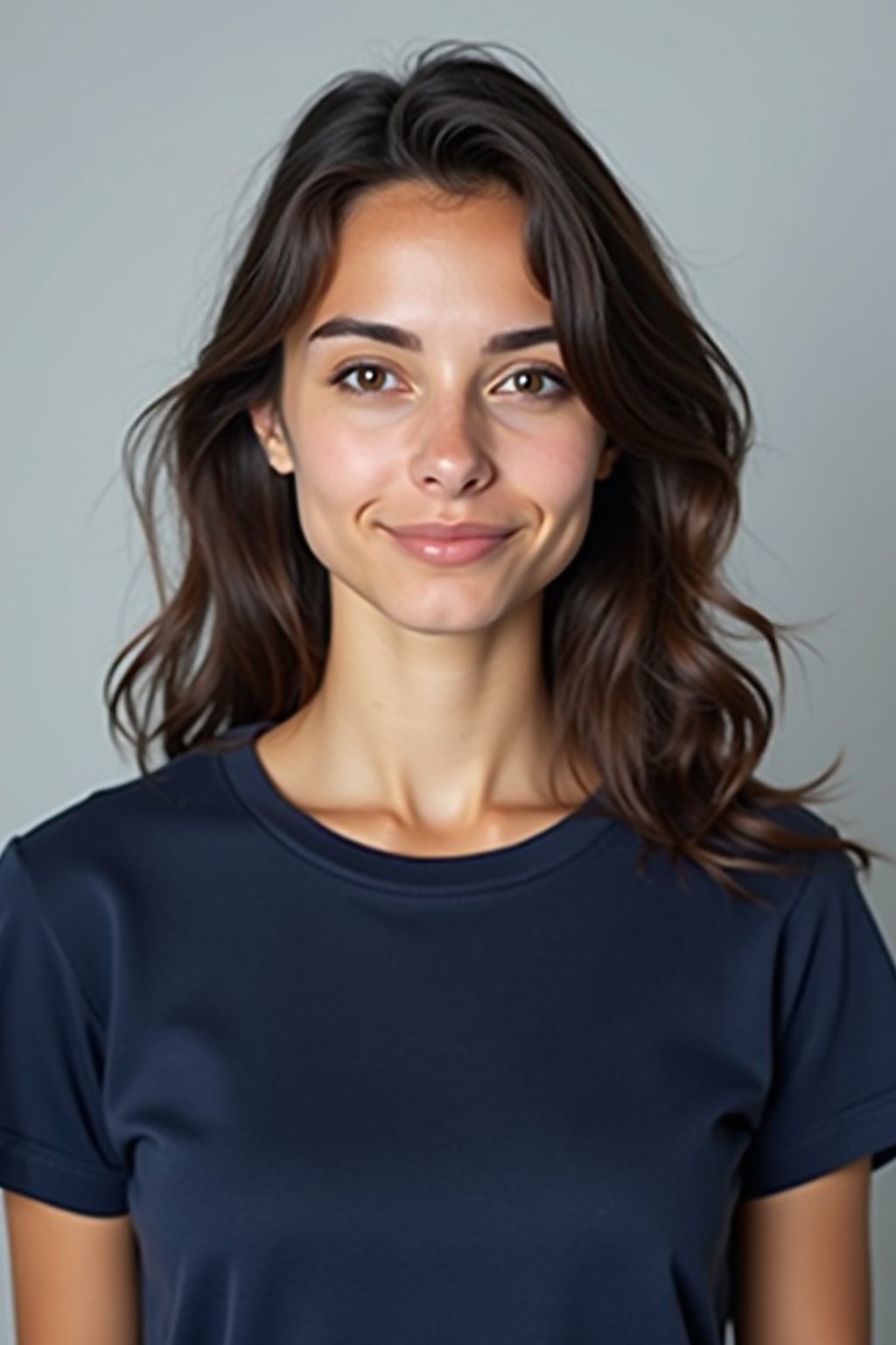 woman as official passport photo for government documents. wearing a dark blue navy t-shirt. photorealistic. light gray background. entire face visible. entire head visible