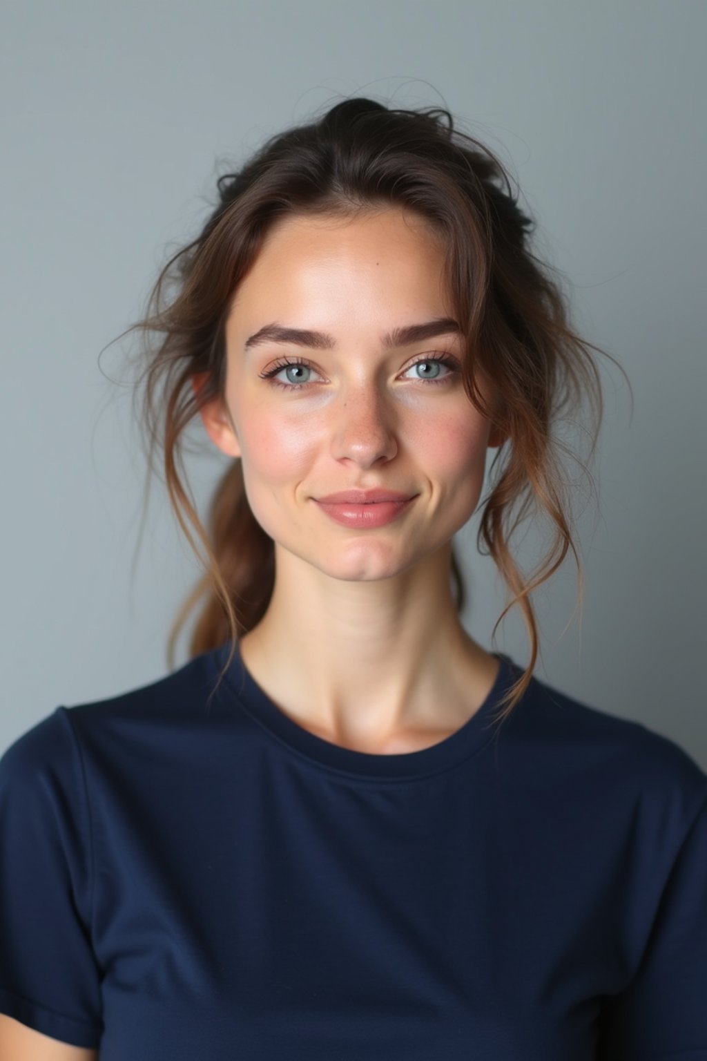 woman as official passport photo for government documents. wearing a dark blue navy t-shirt. photorealistic. light gray background. entire face visible. entire head visible