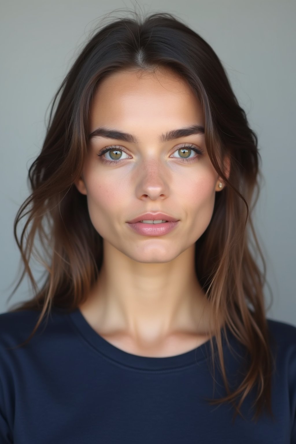 woman as official passport photo for government documents. wearing a dark blue navy t-shirt. photorealistic. light gray background. entire face visible. entire head visible