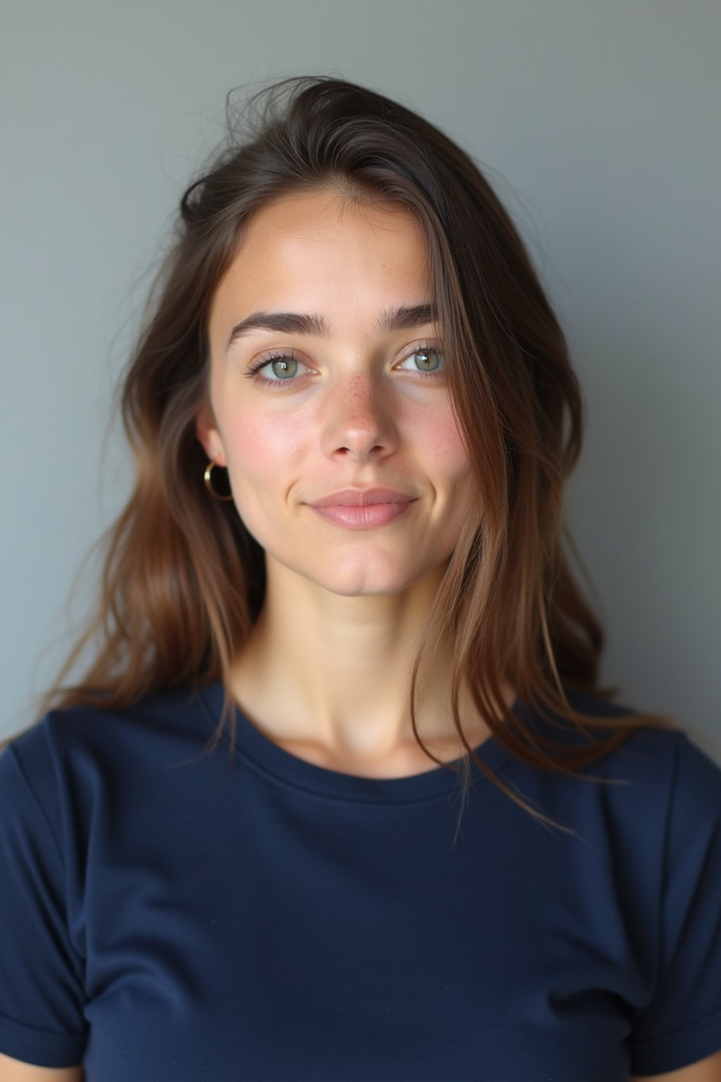 woman as official passport photo for government documents. wearing a dark blue navy t-shirt. photorealistic. light gray background. entire face visible. entire head visible