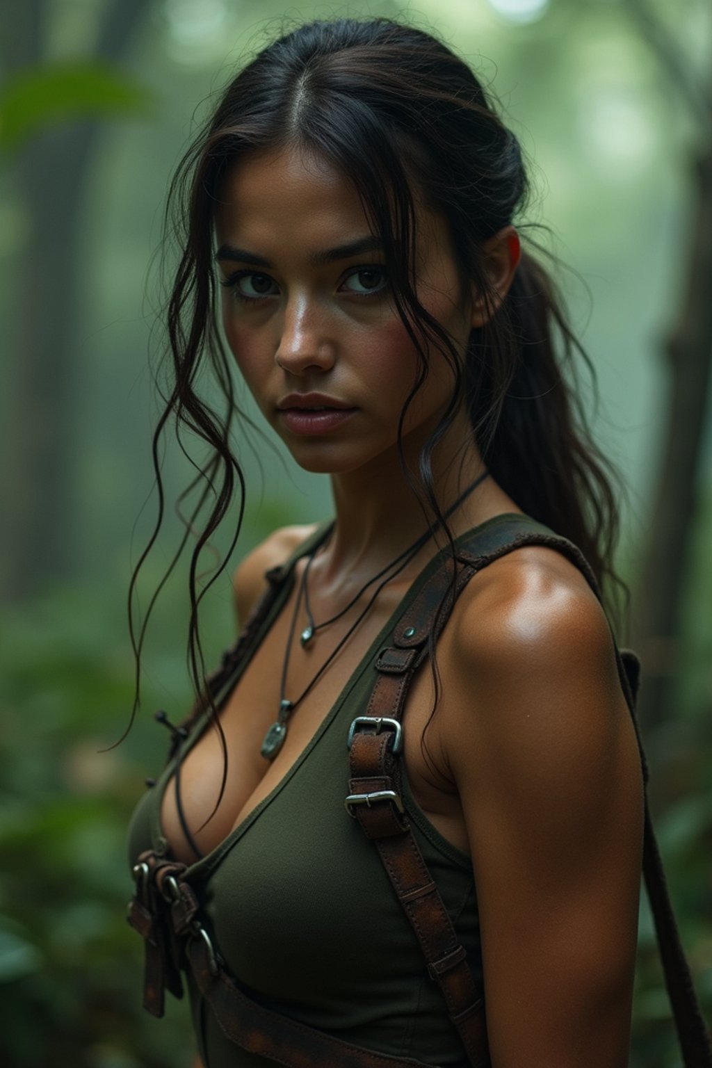 woman   as Lara Croft in Tombraider, in rainforest, cinematic lighting