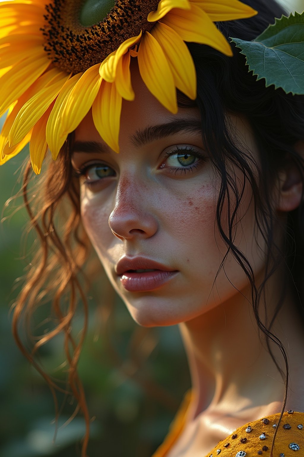 Close face shot of a woman with a sunflower in hair, summer season, moody scene,, intricate, sharp details, summer vibe, gorgeous scene by gaston bussiere, craig mullins, somber lighting, drawn by giacomo burattini, inspired by graphic novel cover art, hyperrealistic, 8 k by rhads