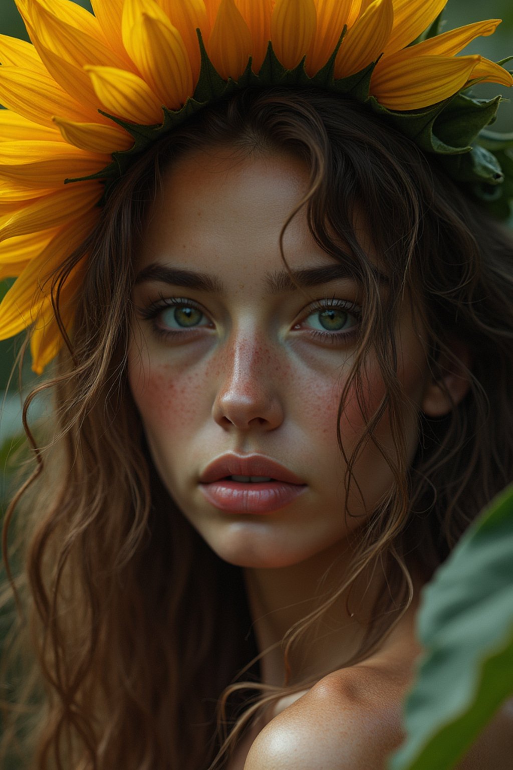 Close face shot of a woman with a sunflower in hair, summer season, moody scene,, intricate, sharp details, summer vibe, gorgeous scene by gaston bussiere, craig mullins, somber lighting, drawn by giacomo burattini, inspired by graphic novel cover art, hyperrealistic, 8 k by rhads