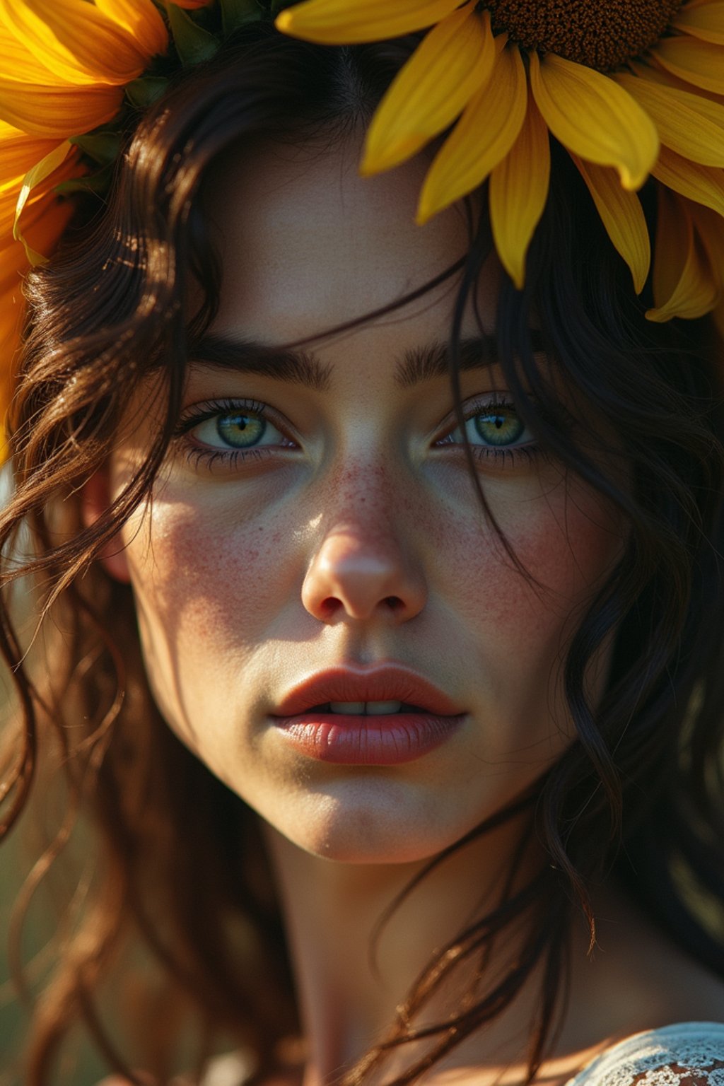 Close face shot of a woman with a sunflower in hair, summer season, moody scene,, intricate, sharp details, summer vibe, gorgeous scene by gaston bussiere, craig mullins, somber lighting, drawn by giacomo burattini, inspired by graphic novel cover art, hyperrealistic, 8 k by rhads