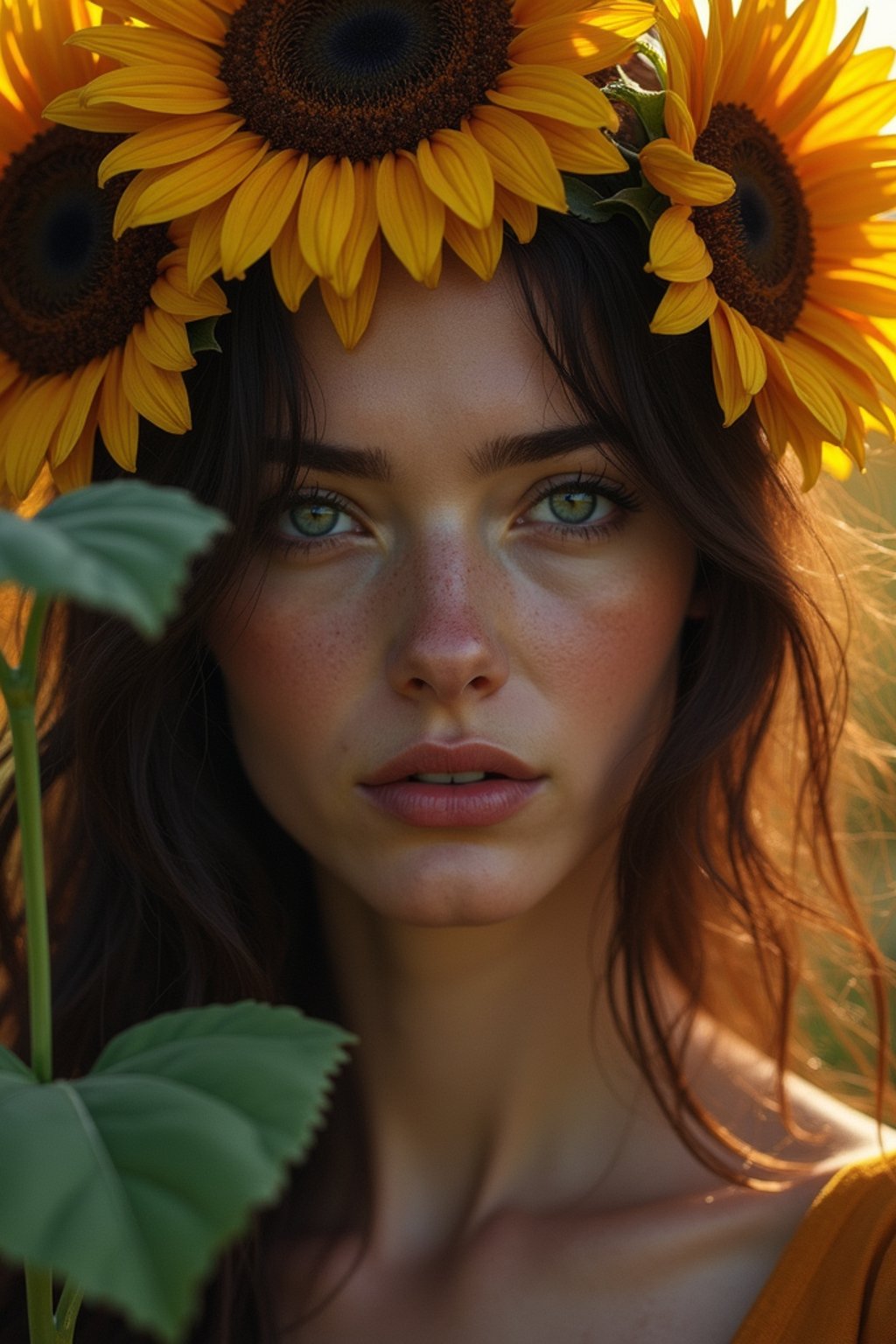 Close face shot of a woman with a sunflower in hair, summer season, moody scene,, intricate, sharp details, summer vibe, gorgeous scene by gaston bussiere, craig mullins, somber lighting, drawn by giacomo burattini, inspired by graphic novel cover art, hyperrealistic, 8 k by rhads