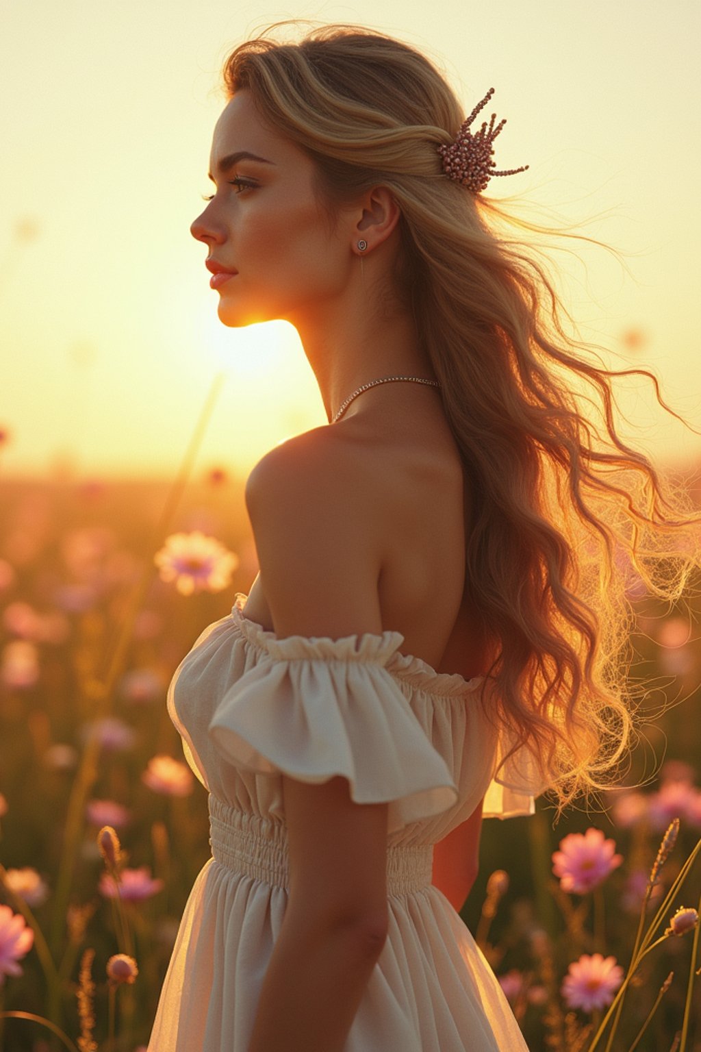 woman | standing in field full of flowers | detailed gorgeous face! ! | full body! ! | god rays | intricate | elegant | realistic | hyperrealistic | cinematic | character design | concept art | illustration | digital art | digital painting | depth of field