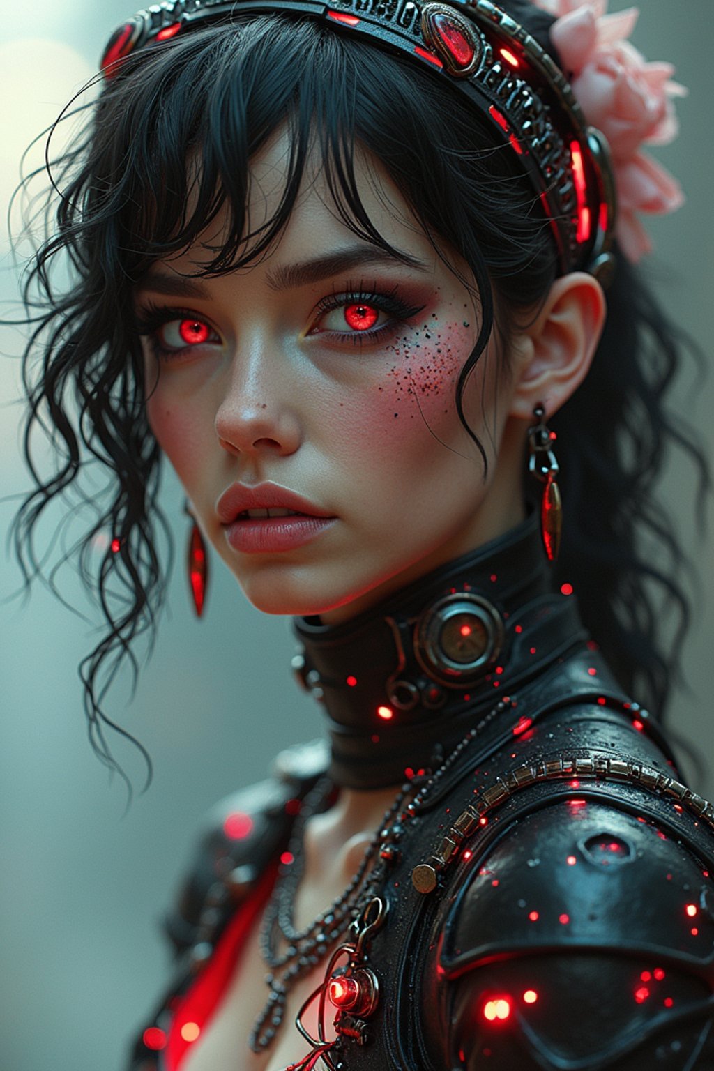 woman as a soft lustrous biotech raver gutter punk gothic cyborg, golden ratio, details, scifi, fantasy, cyberpunk, intricate, decadent, digital painting, octane render, artstation, concept art, smooth, sharp focus, illustration, art by artgerm, loish, wlop