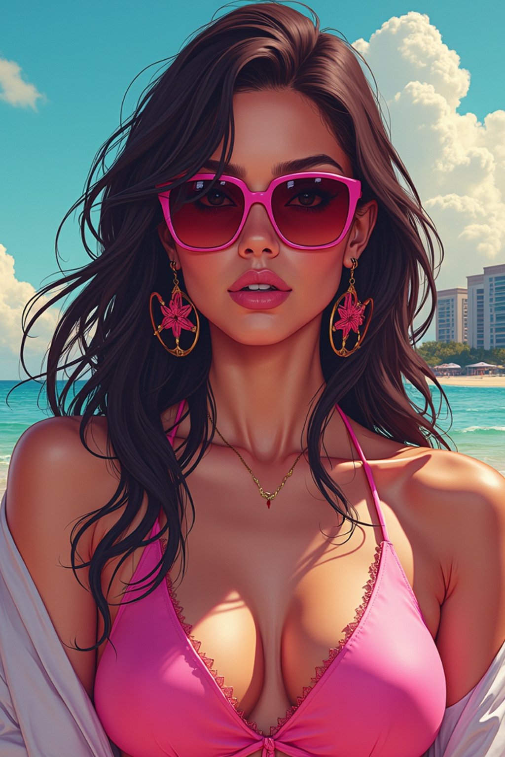 woman, gta vice city cover art, borderlands style, celshading, trending on artstation, by rhads, andreas rocha, rossdraws, makoto shinkai, laurie greasley, lois van baarle, ilya kuvshinov and greg rutkowski