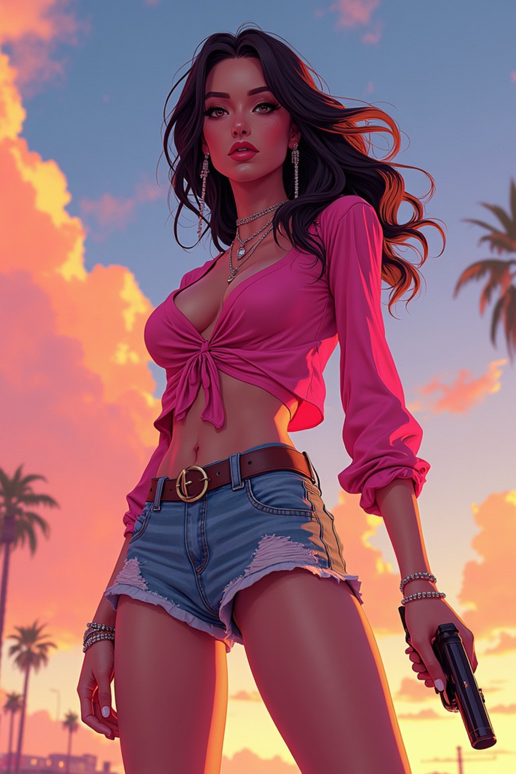 woman, gta vice city cover art, borderlands style, celshading, trending on artstation, by rhads, andreas rocha, rossdraws, makoto shinkai, laurie greasley, lois van baarle, ilya kuvshinov and greg rutkowski