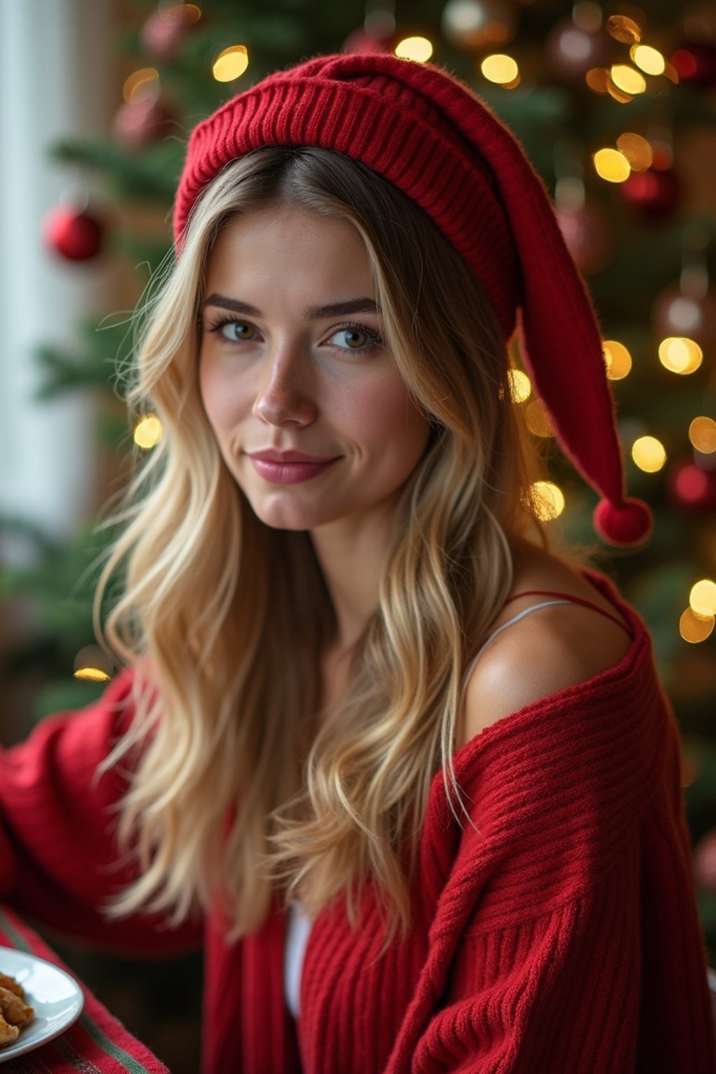 woman at Christmas dinner wearing Christmas style clothes. Christmas tree in background. Christmas lights