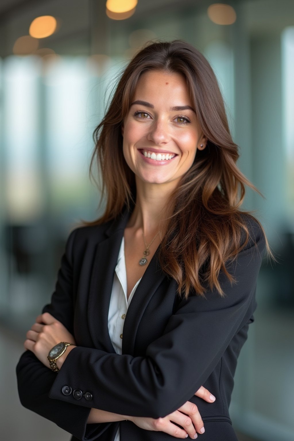 wide LinkedIn profile photo of a professional business woman as a confident professional business woman standing in a modern office. LinkedIn professional profile photo. most popular person on LinkedIn