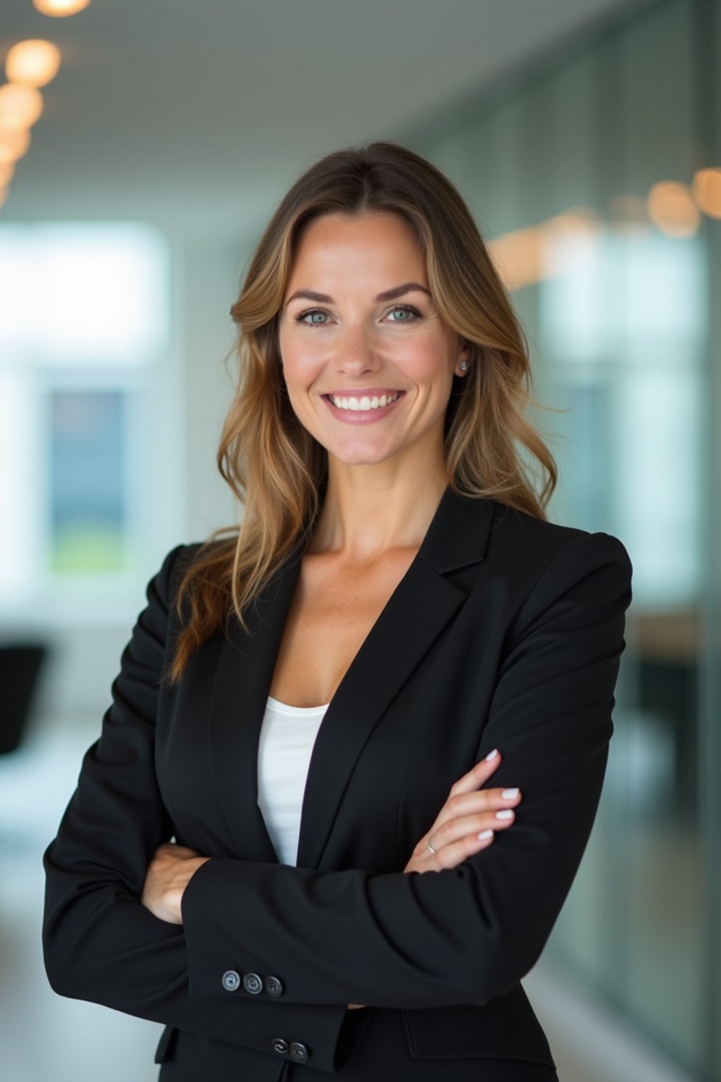 wide LinkedIn profile photo of a professional business woman as a confident professional business woman standing in a modern office. LinkedIn professional profile photo. most popular person on LinkedIn