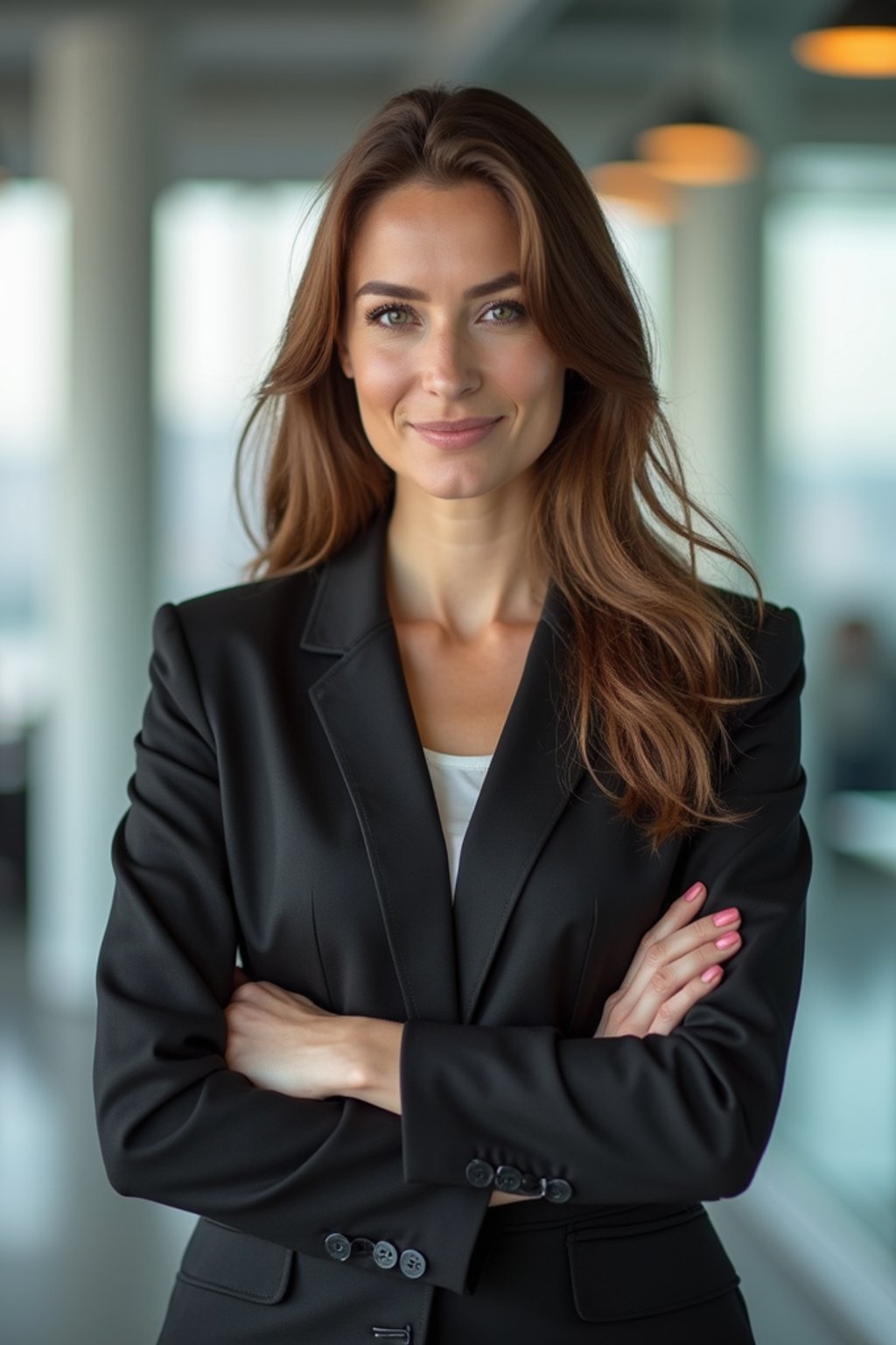 wide LinkedIn profile photo of a professional business woman as a confident professional business woman standing in a modern office. LinkedIn professional profile photo. most popular person on LinkedIn