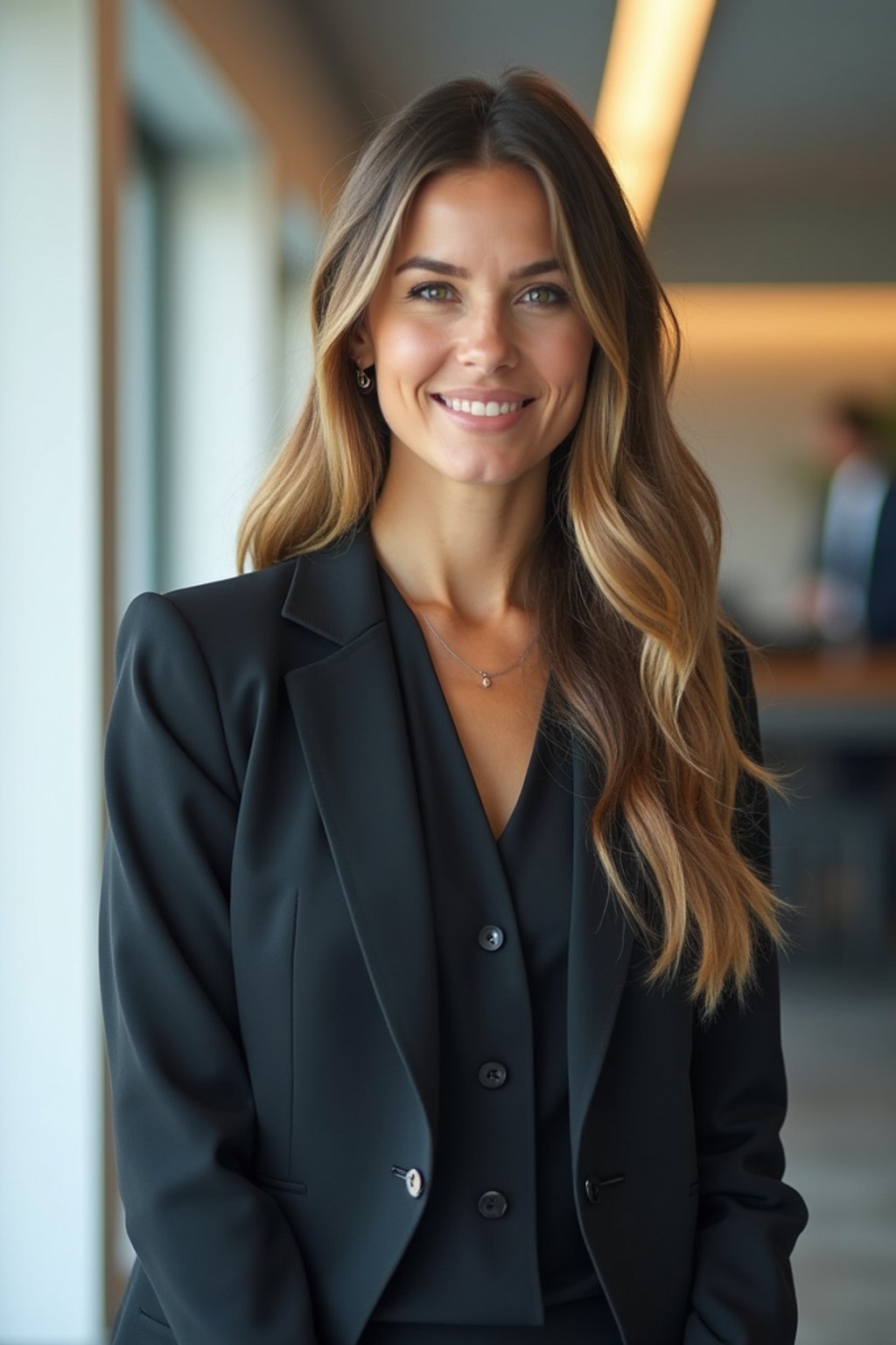 wide LinkedIn profile photo of a professional business woman as a confident professional business woman standing in a modern office. LinkedIn professional profile photo. most popular person on LinkedIn