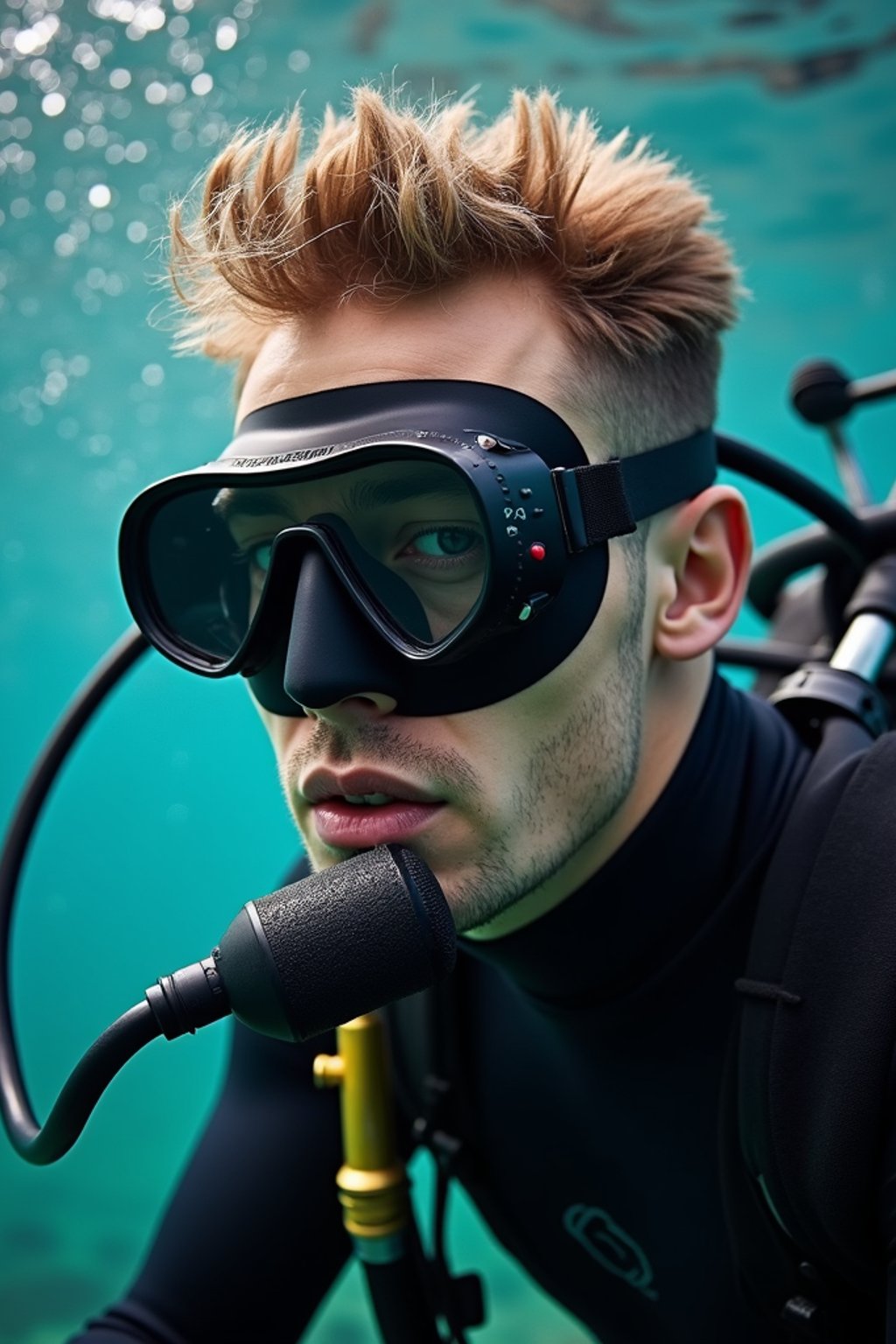 man as a scuba diver wearing diving goggles and wearing a wetsuit