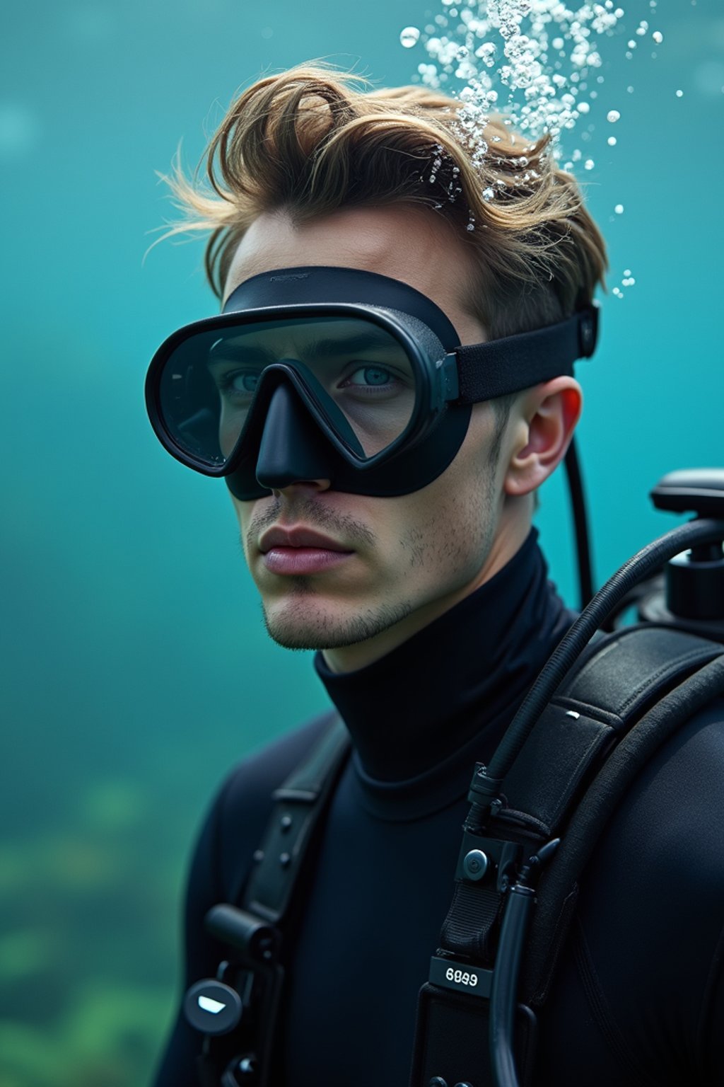 man as a scuba diver wearing diving goggles and wearing a wetsuit