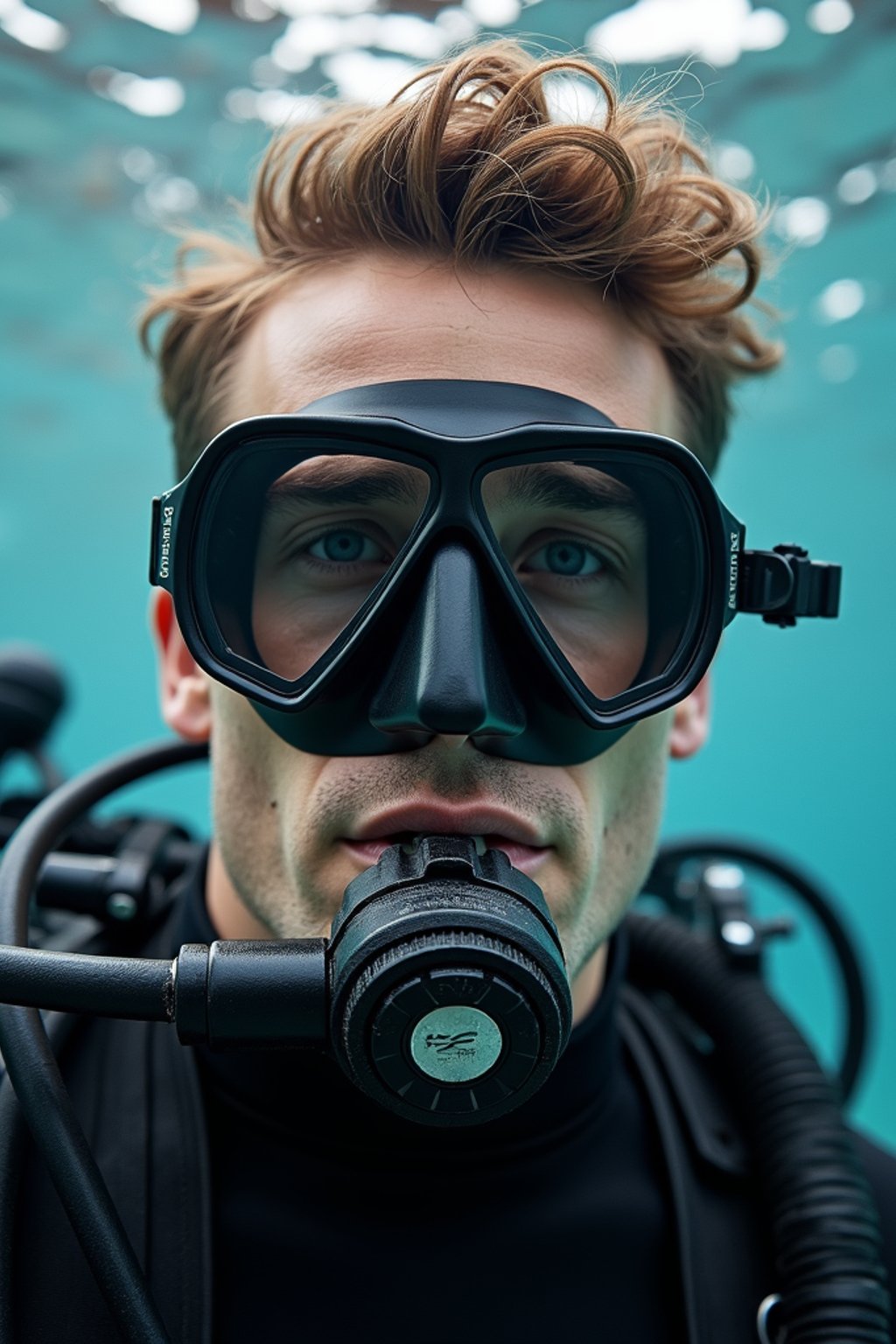 man as a scuba diver wearing diving goggles and wearing a wetsuit