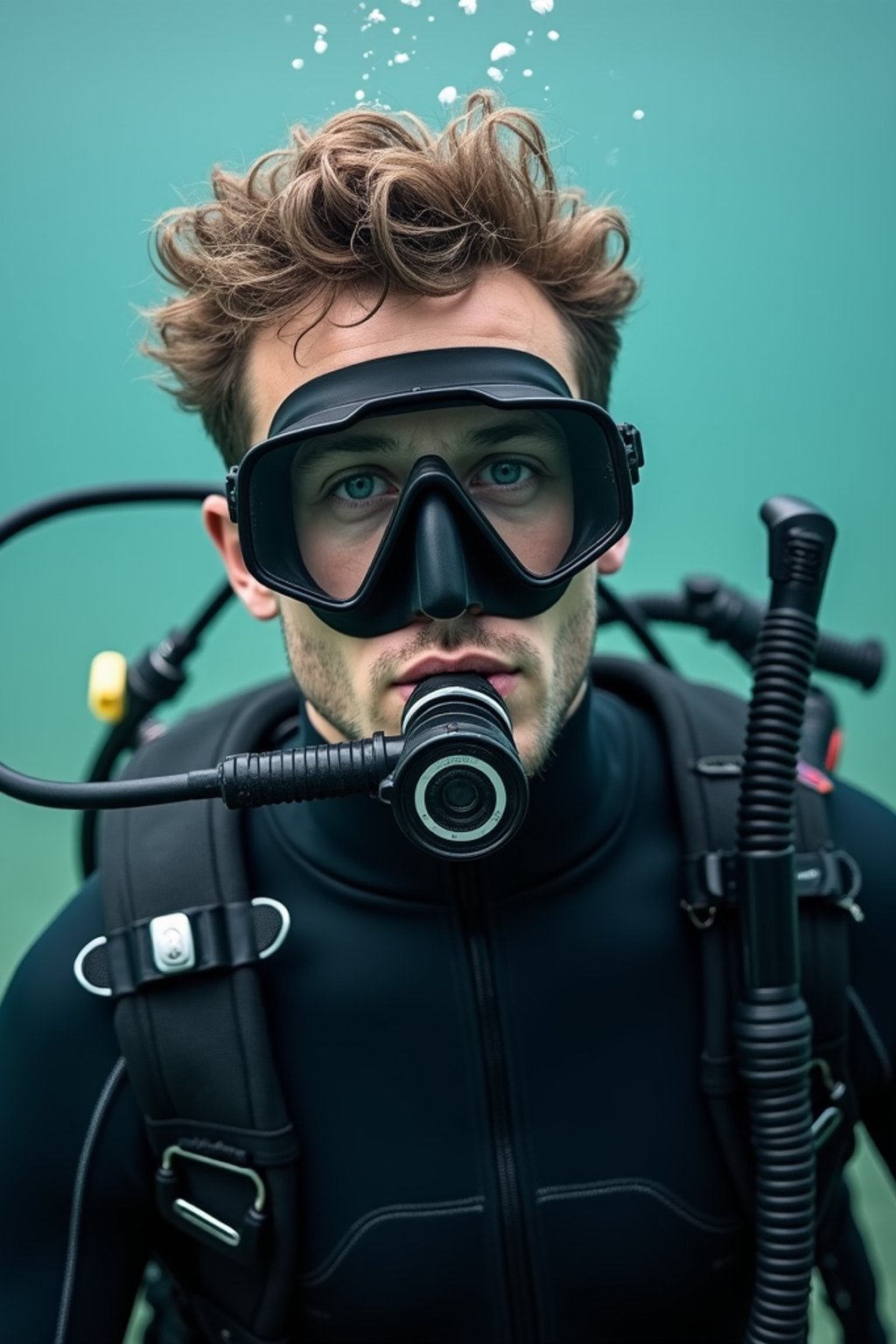 man as a scuba diver wearing diving goggles and wearing a wetsuit