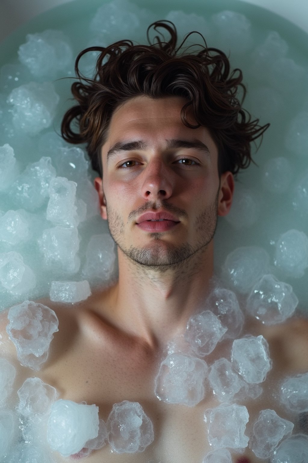 man lying in a bath of ice cubes