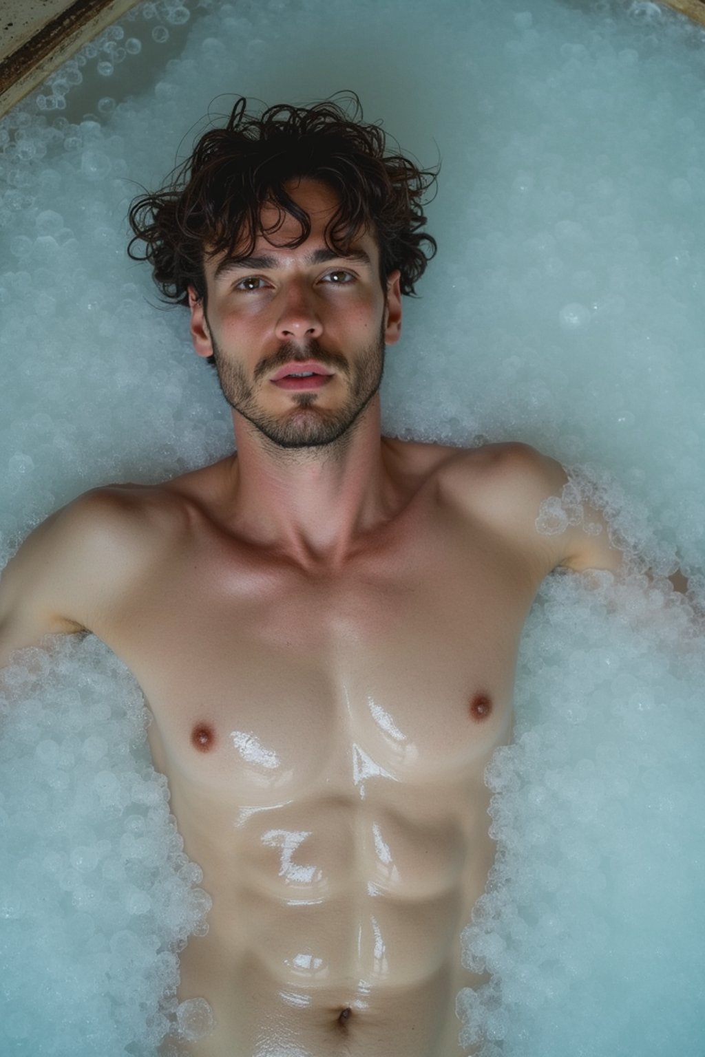 man lying in a bath of ice cubes