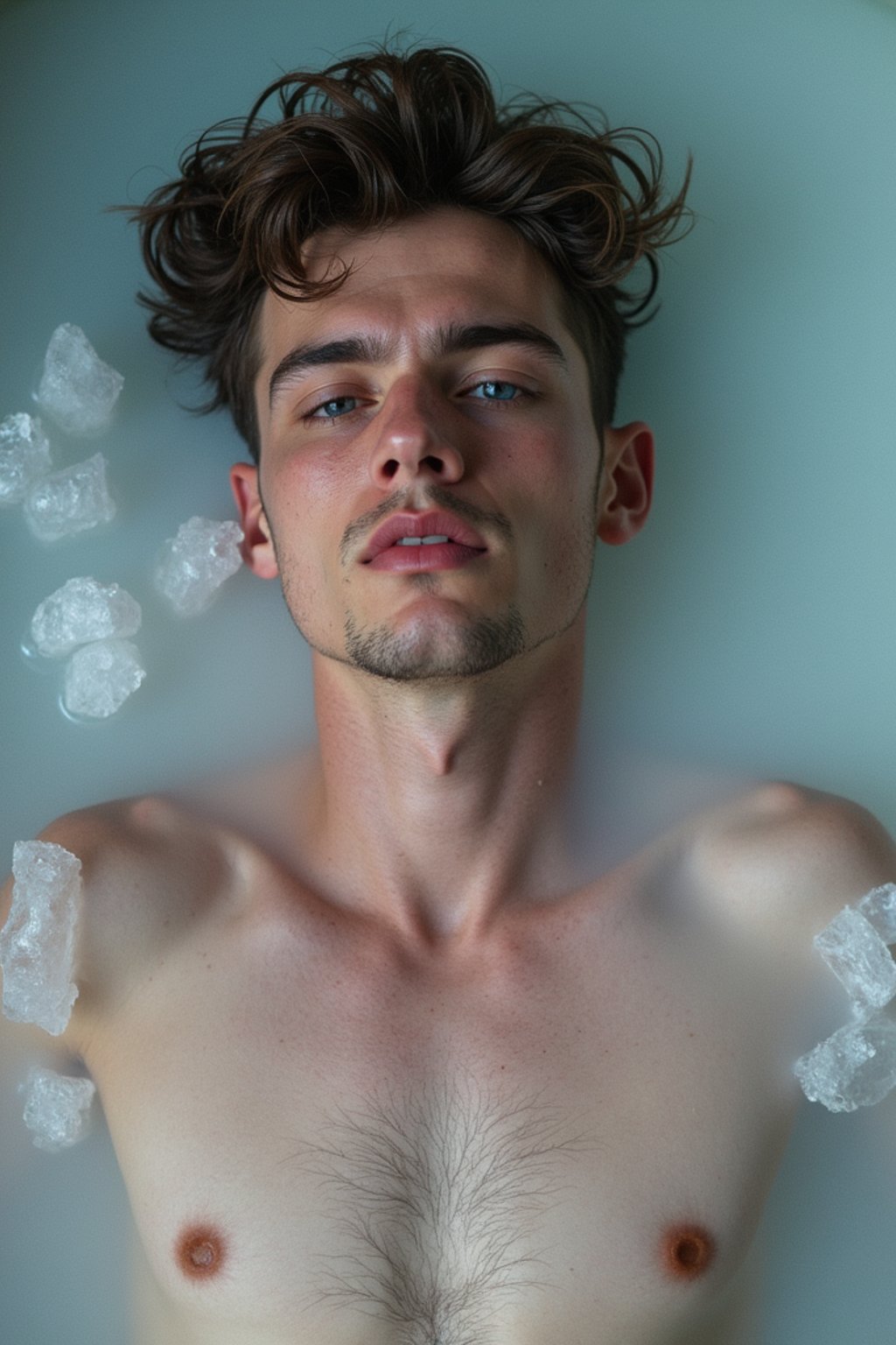 man lying in a bath of ice cubes