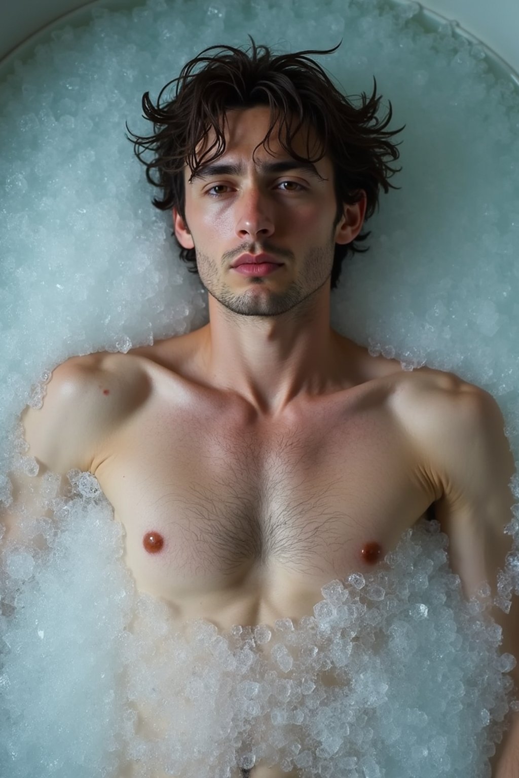 man lying in a bath of ice cubes