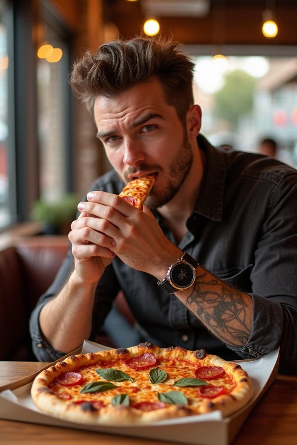 man sitting in a restaurant eating a large pizza