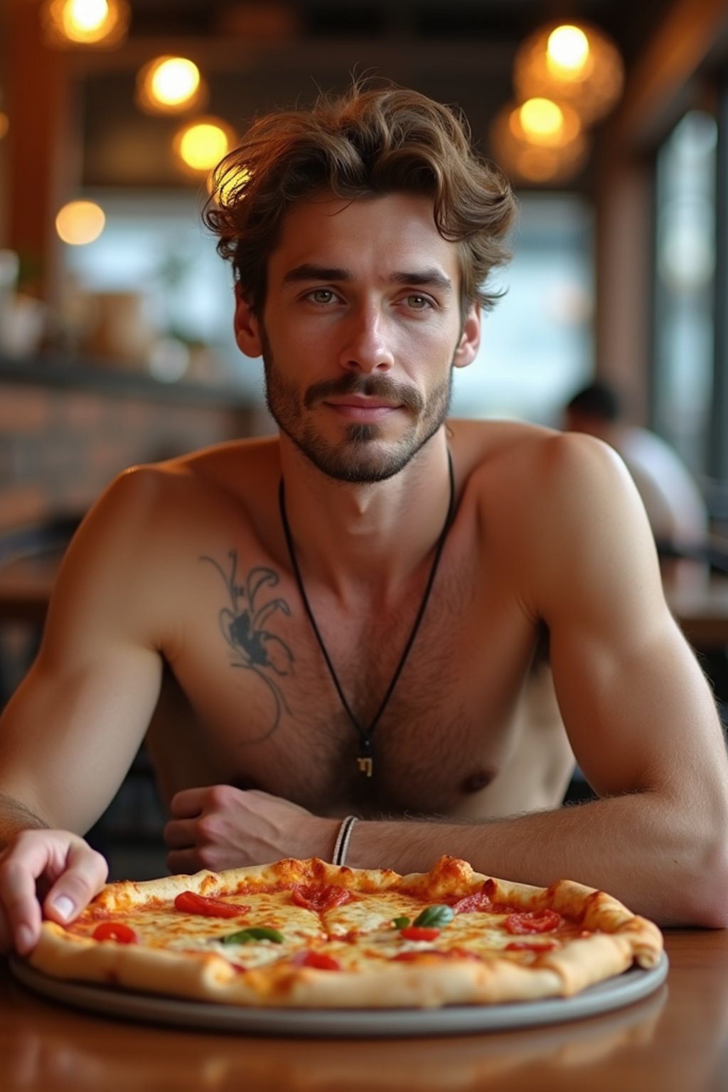 man sitting in a restaurant eating a large pizza