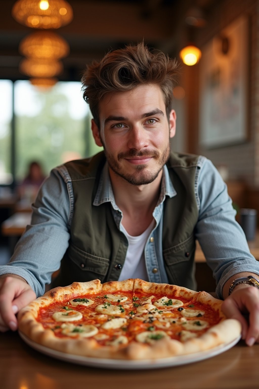 man sitting in a restaurant eating a large pizza