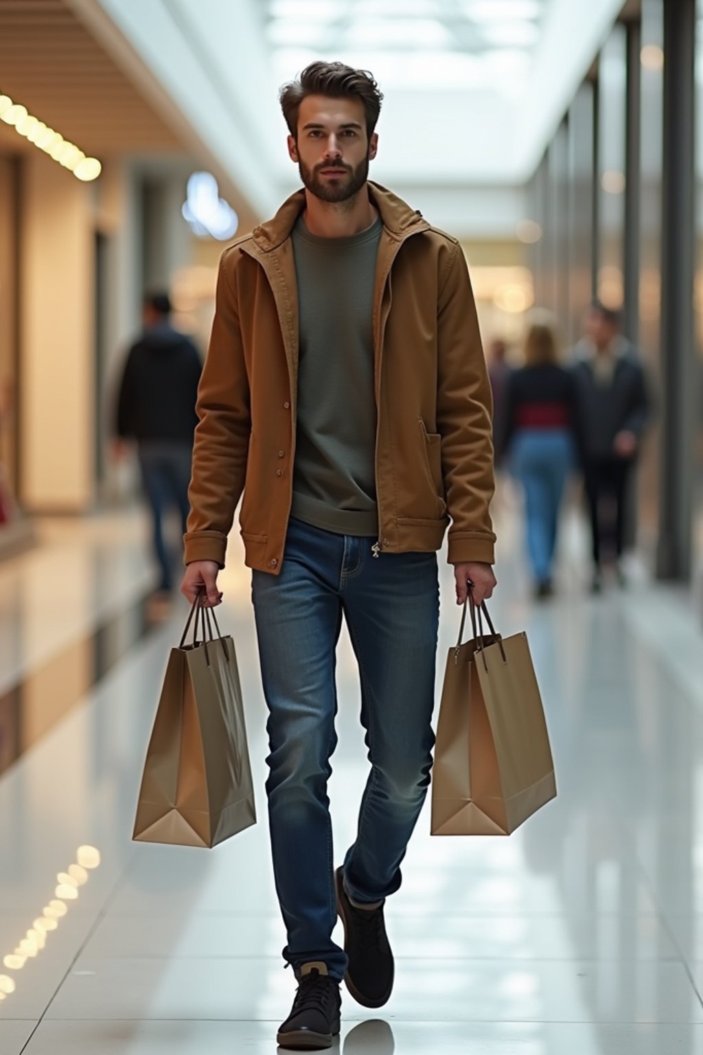 man walking in a shopping mall, holding shopping bags. shops in background