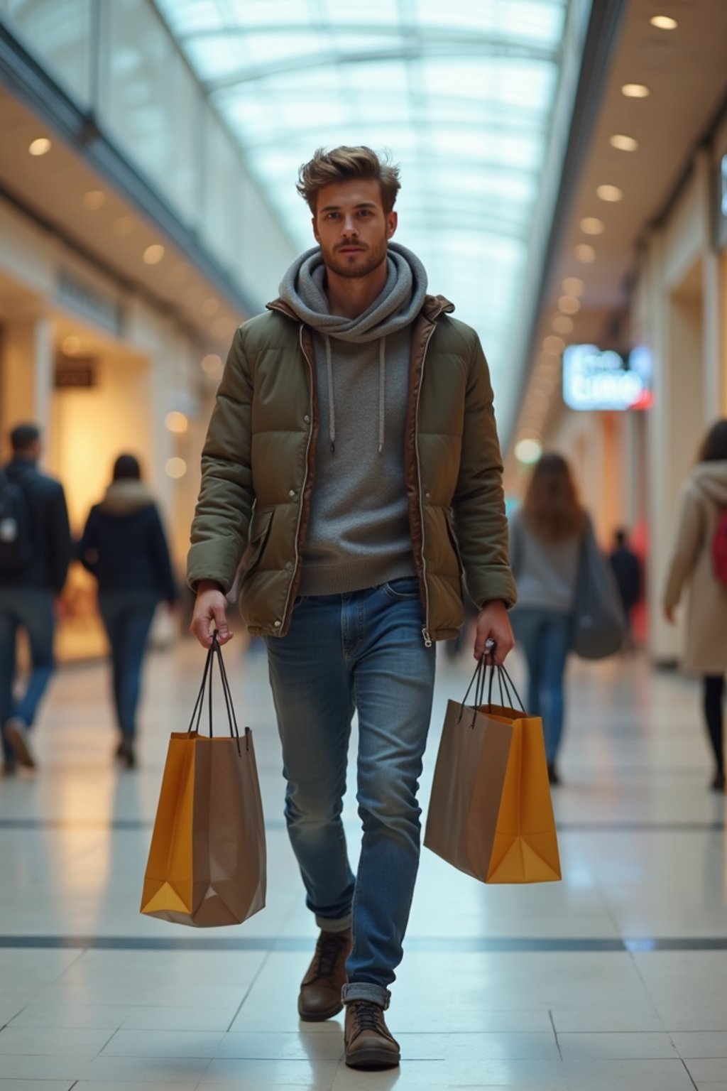 man walking in a shopping mall, holding shopping bags. shops in background