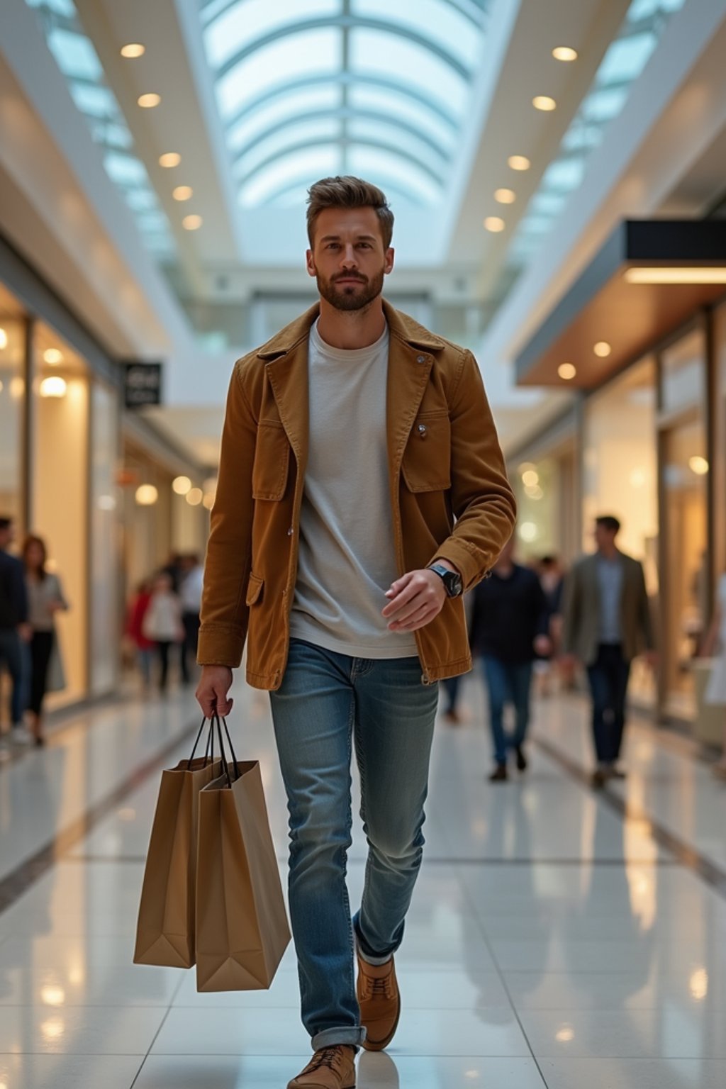 man walking in a shopping mall, holding shopping bags. shops in background