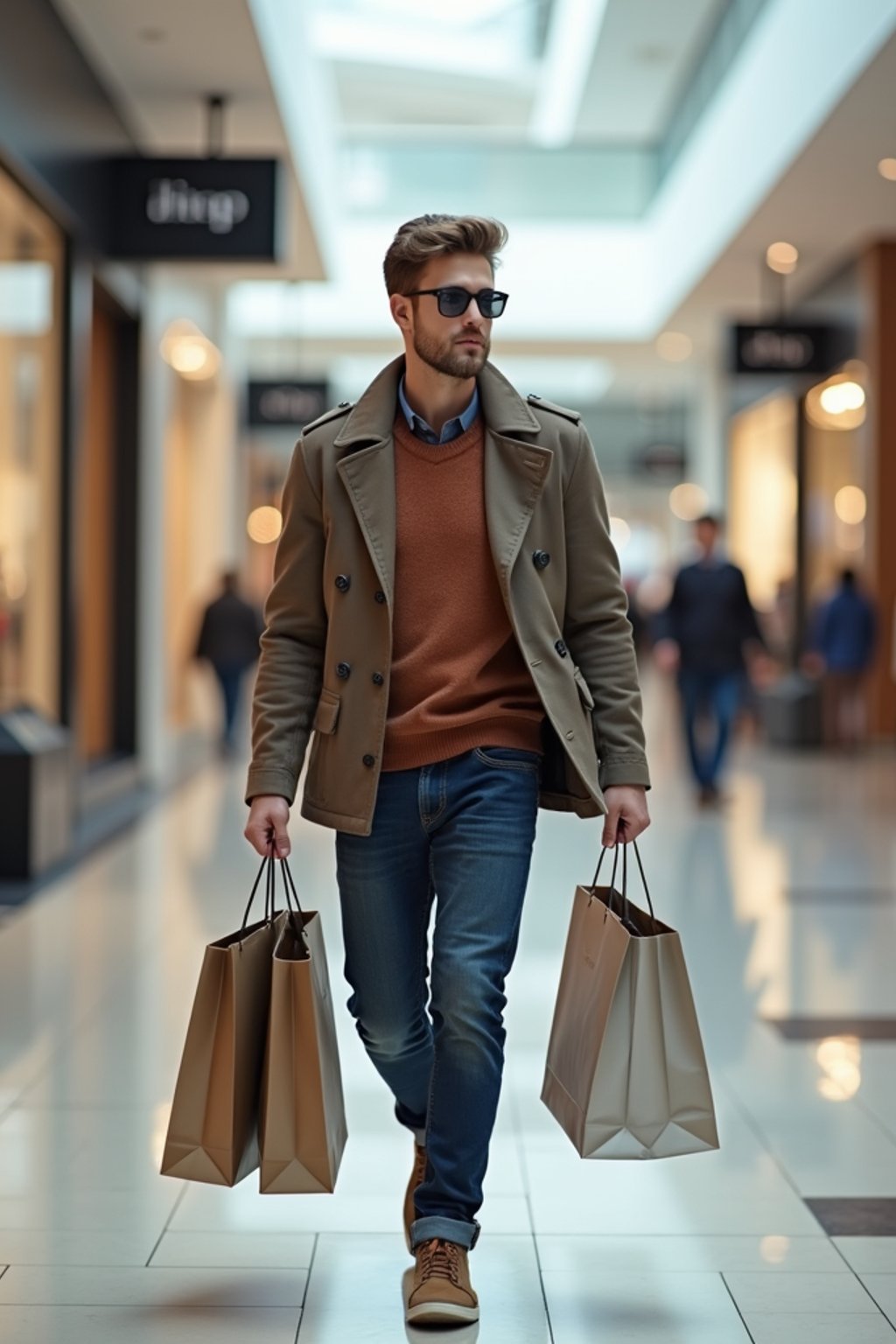 man walking in a shopping mall, holding shopping bags. shops in background