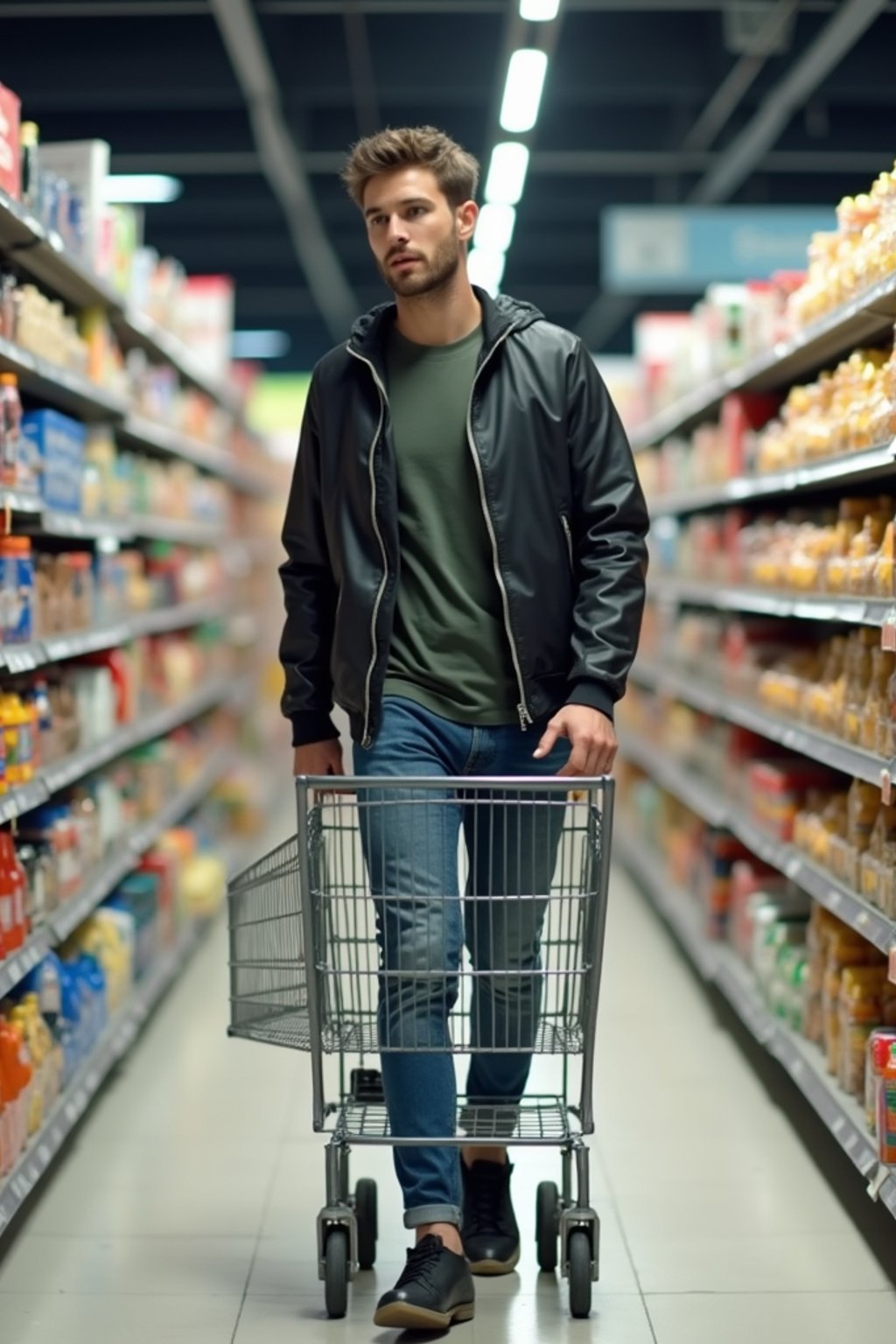 man in Supermarket walking with Shopping Cart in the Supermarket Aisle. Background of Supermarket