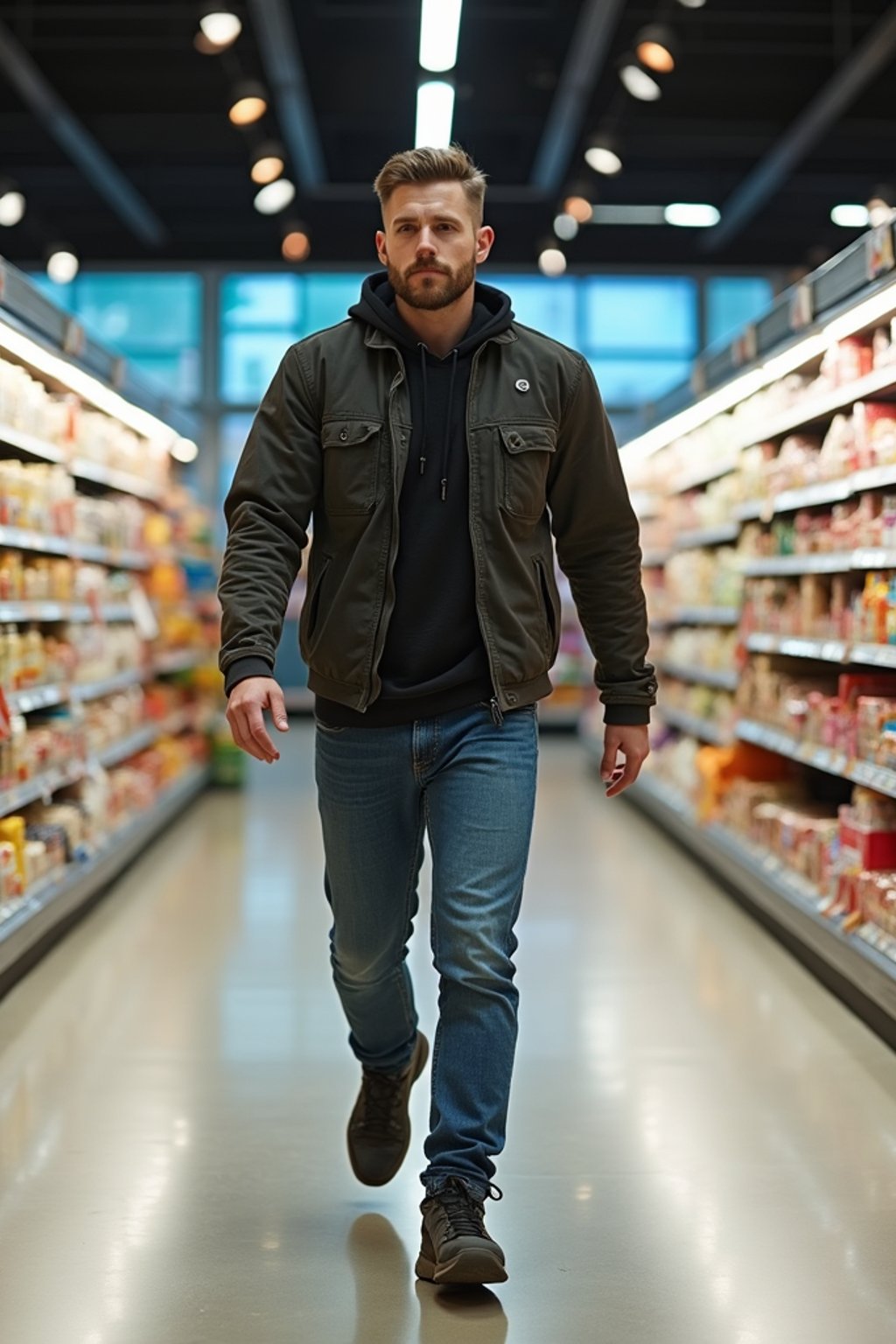 man in Supermarket walking with Shopping Cart in the Supermarket Aisle. Background of Supermarket