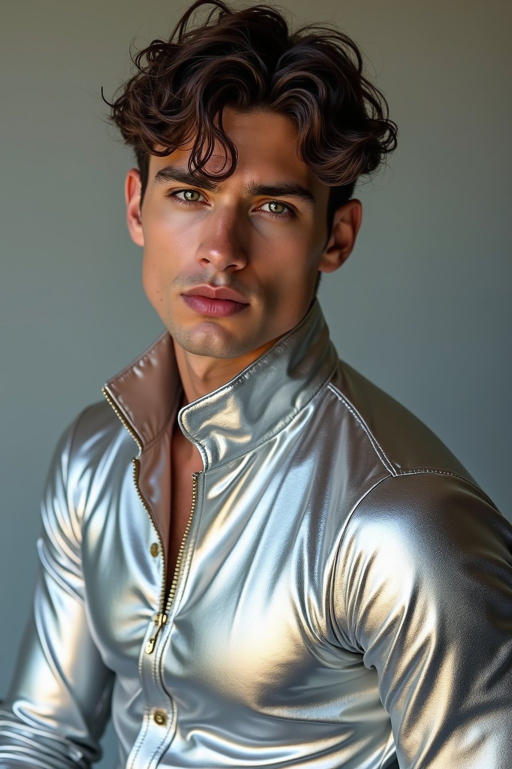 man in silver metallic style, wearing shiny metallic fashion