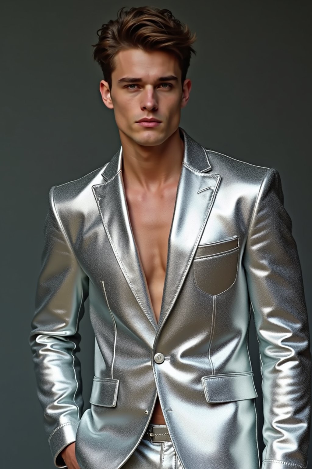 man in silver metallic style, wearing shiny metallic fashion