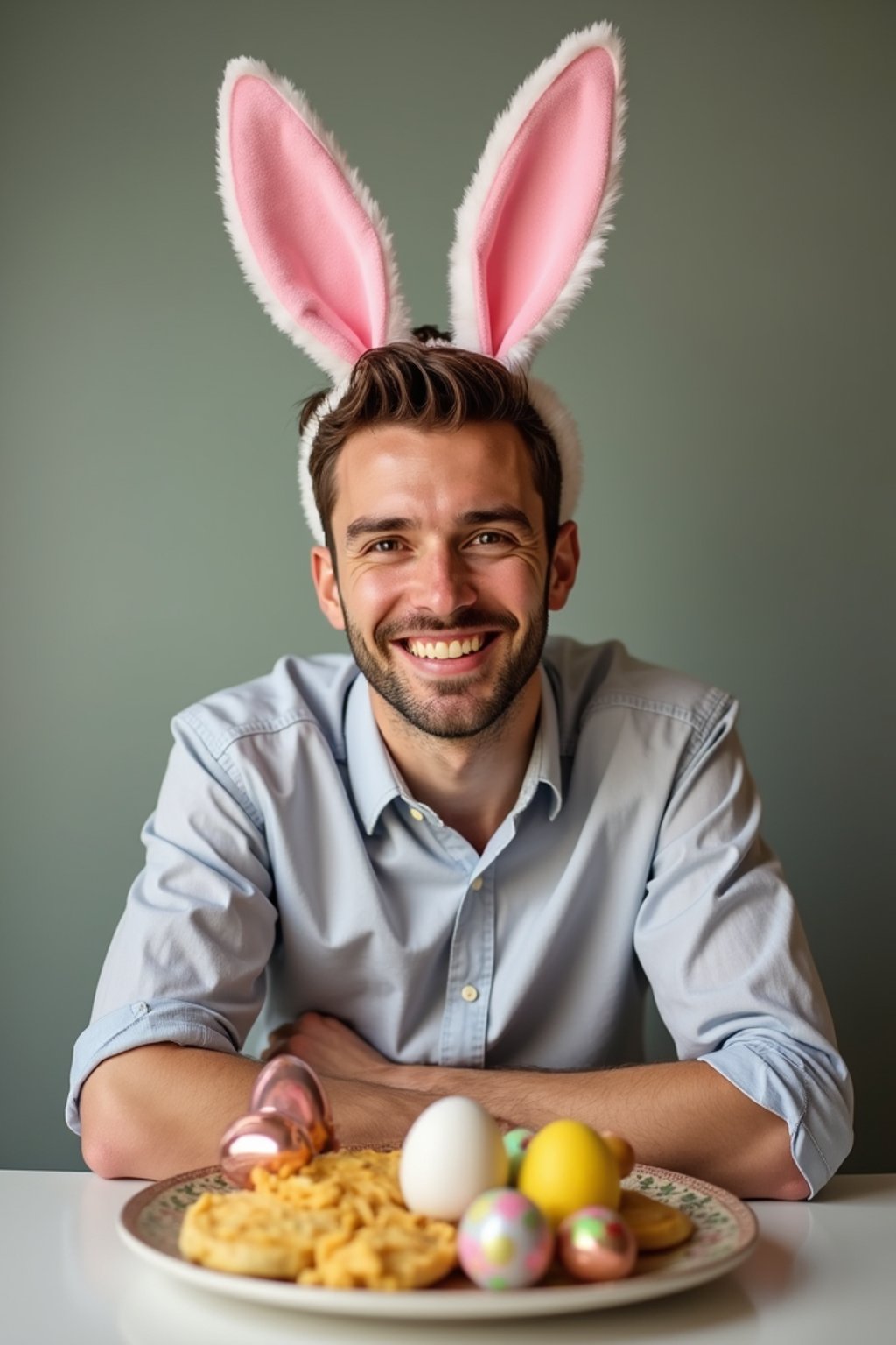 man dressed up for Easter with Easter Bunny Ears at the Easter Breakfast. Easter Eggs. Easter Bunny