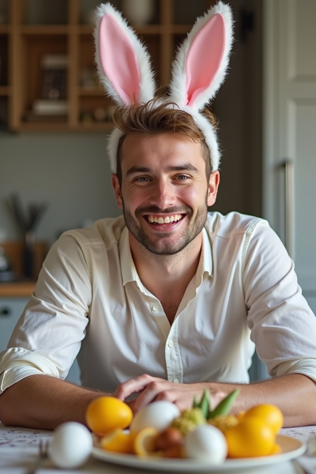 man dressed up for Easter with Easter Bunny Ears at the Easter Breakfast. Easter Eggs. Easter Bunny