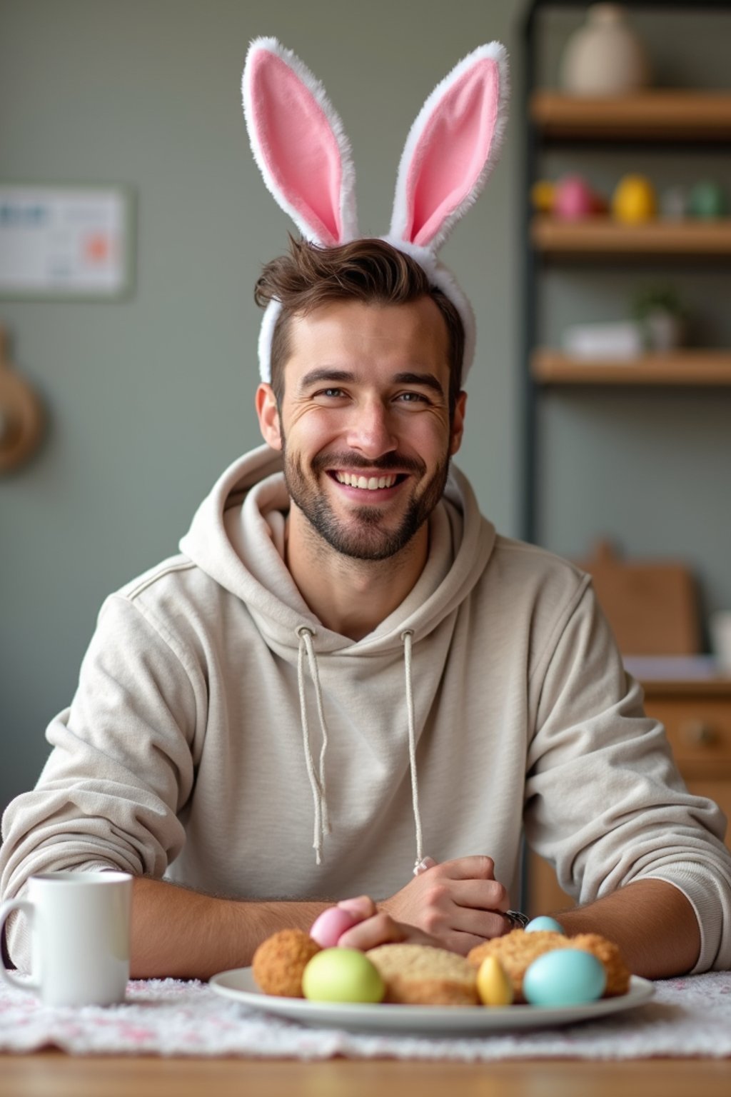 man dressed up for Easter with Easter Bunny Ears at the Easter Breakfast. Easter Eggs. Easter Bunny