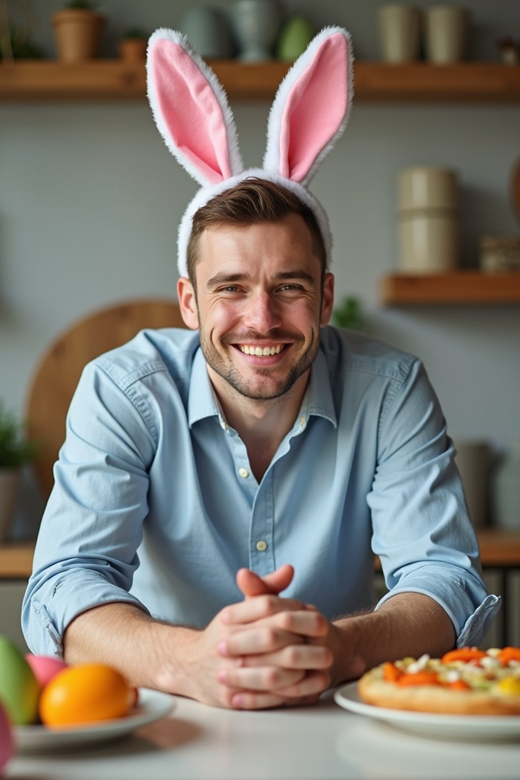 man dressed up for Easter with Easter Bunny Ears at the Easter Breakfast. Easter Eggs. Easter Bunny