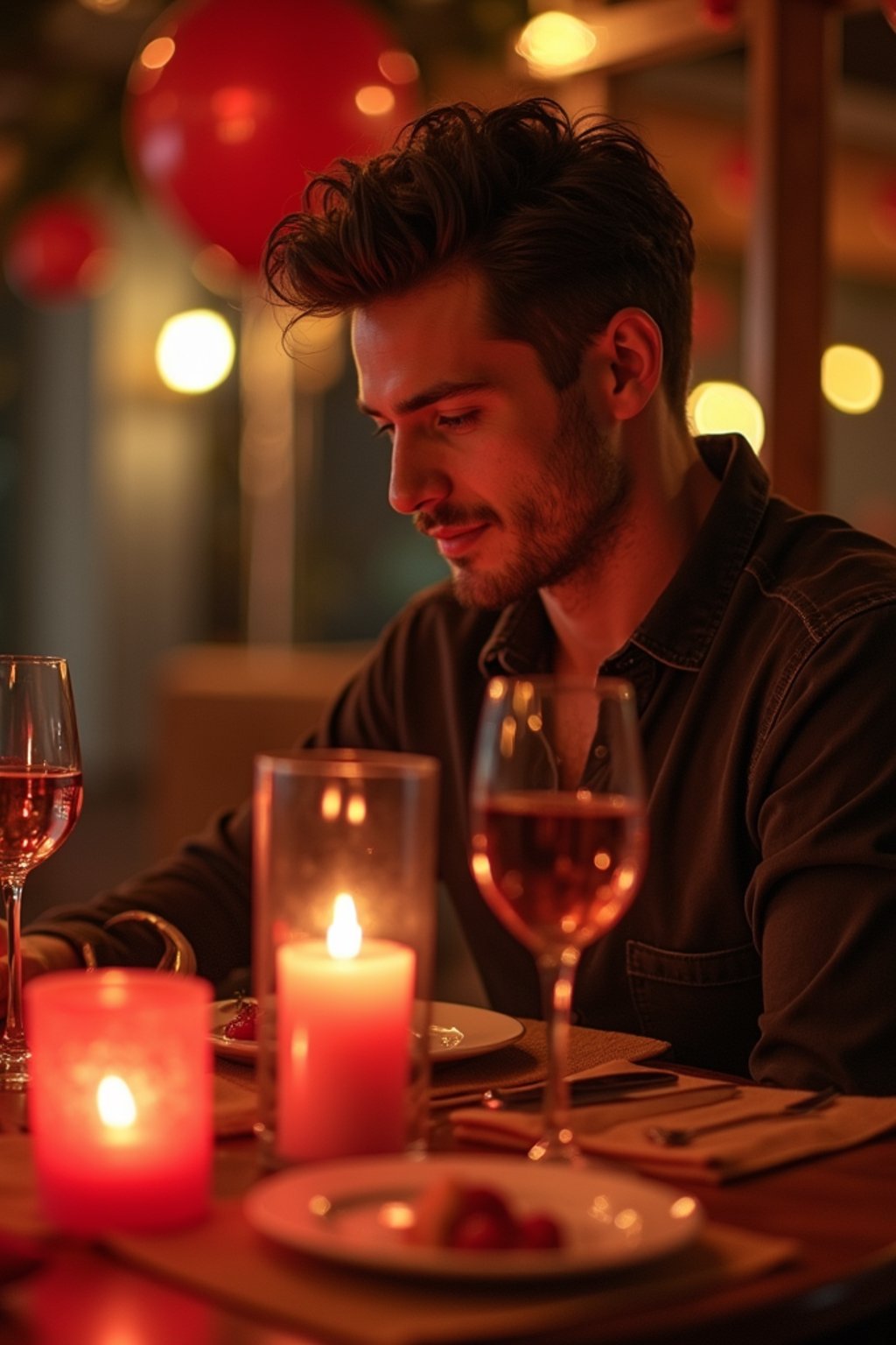 man celebrating Valentine's Day with romantic dinner