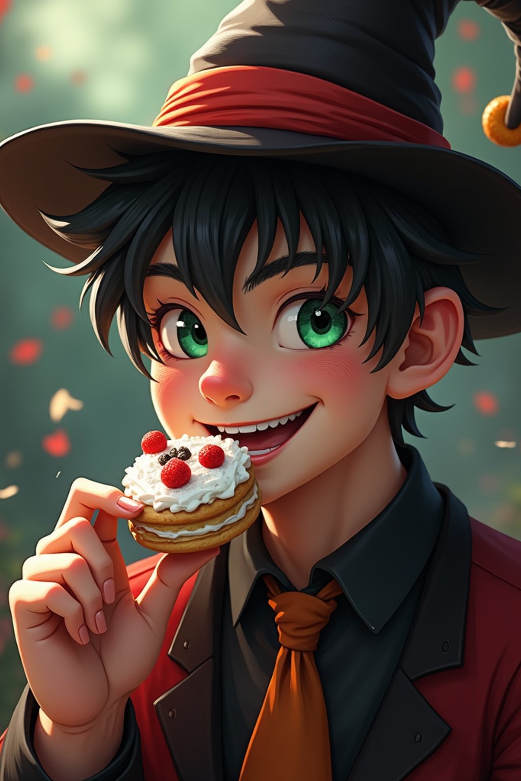 man as the personification of the Halloween holiday in the form of man with a villain's smile, (cute)cute hats, cute cheeks, unreal engine, highly detailed, artgerm digital illustration, woo tooth, studio ghibli, deviantart, sharp focus, artstation, by Alexei Vinogradov bakery, sweets, emerald eyes