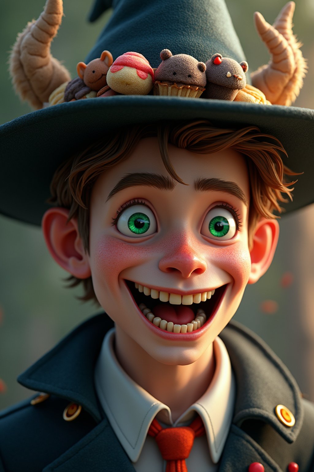 man as the personification of the Halloween holiday in the form of man with a villain's smile, (cute)cute hats, cute cheeks, unreal engine, highly detailed, artgerm digital illustration, woo tooth, studio ghibli, deviantart, sharp focus, artstation, by Alexei Vinogradov bakery, sweets, emerald eyes